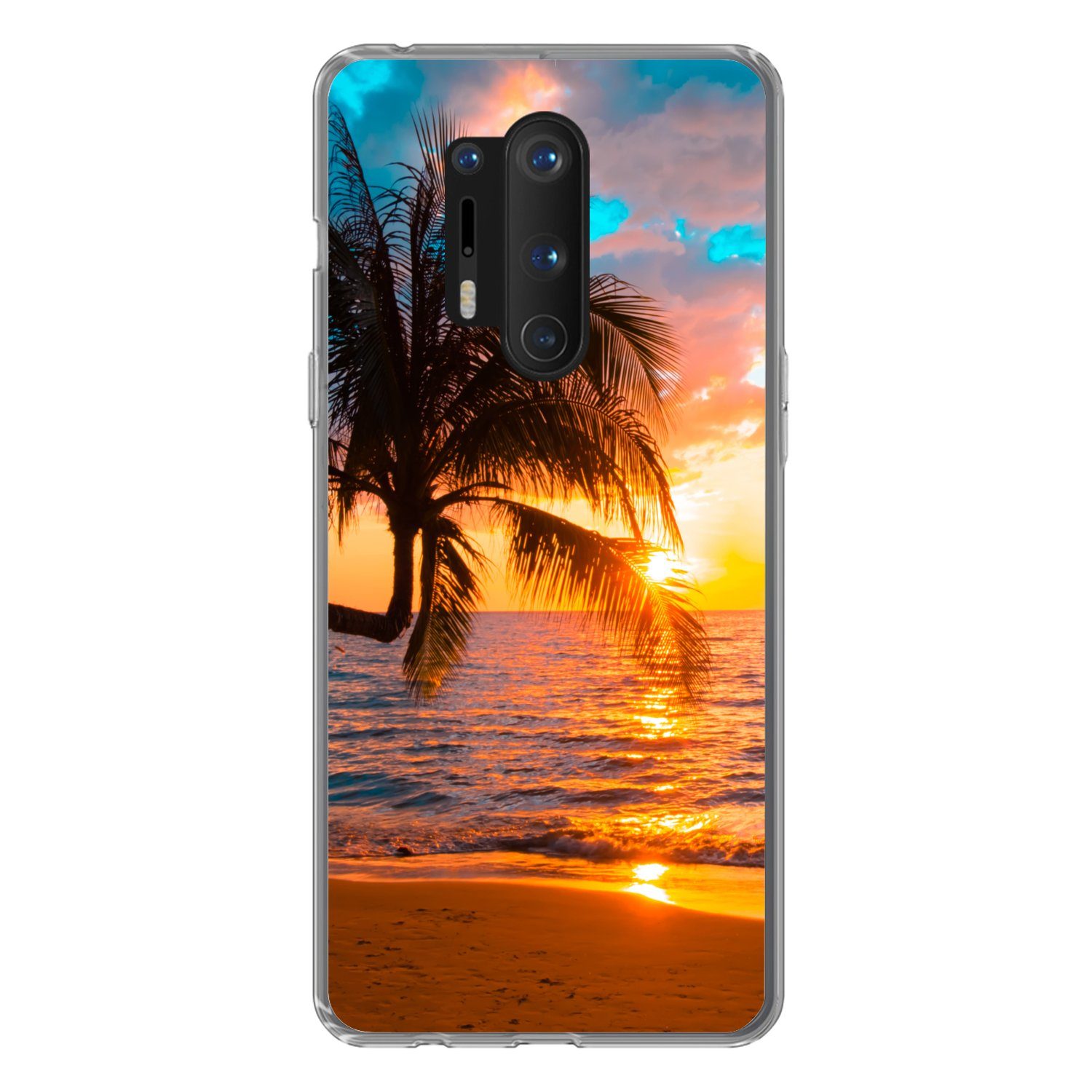 MuchoWow Handyhülle für OnePlus 8 Pro Palme - Sonnenuntergang - Horizont - Strand - Meer -, Phone Case, Silikon, Schutzhülle Dünn