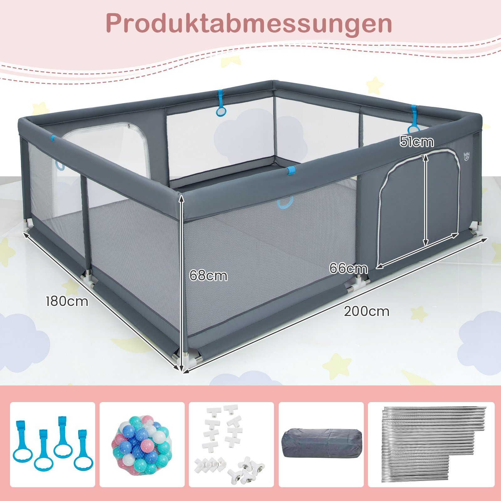 COSTWAY Laufstall Baby Laufgitter, 200 50 mit x grau Bällen 180cm