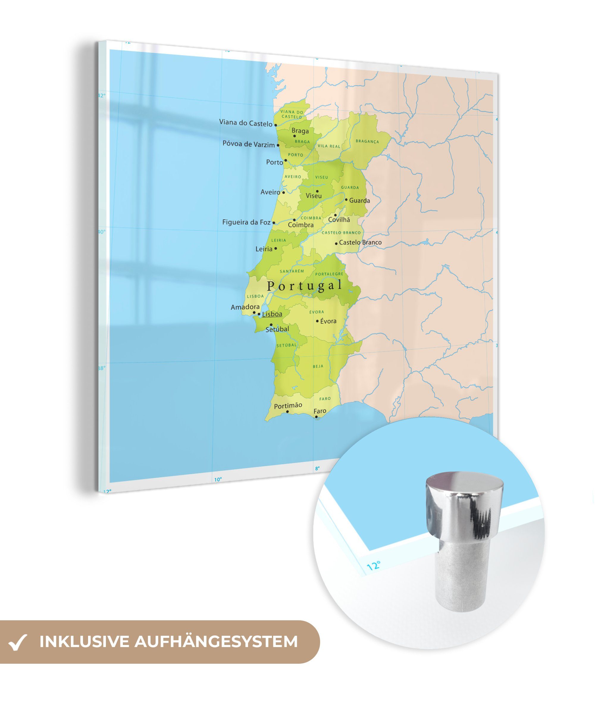 MuchoWow Acrylglasbild Grüne Karte von Portugal mit Provinzen und Städten, (1 St), Glasbilder - Bilder auf Glas Wandbild - Foto auf Glas - Wanddekoration