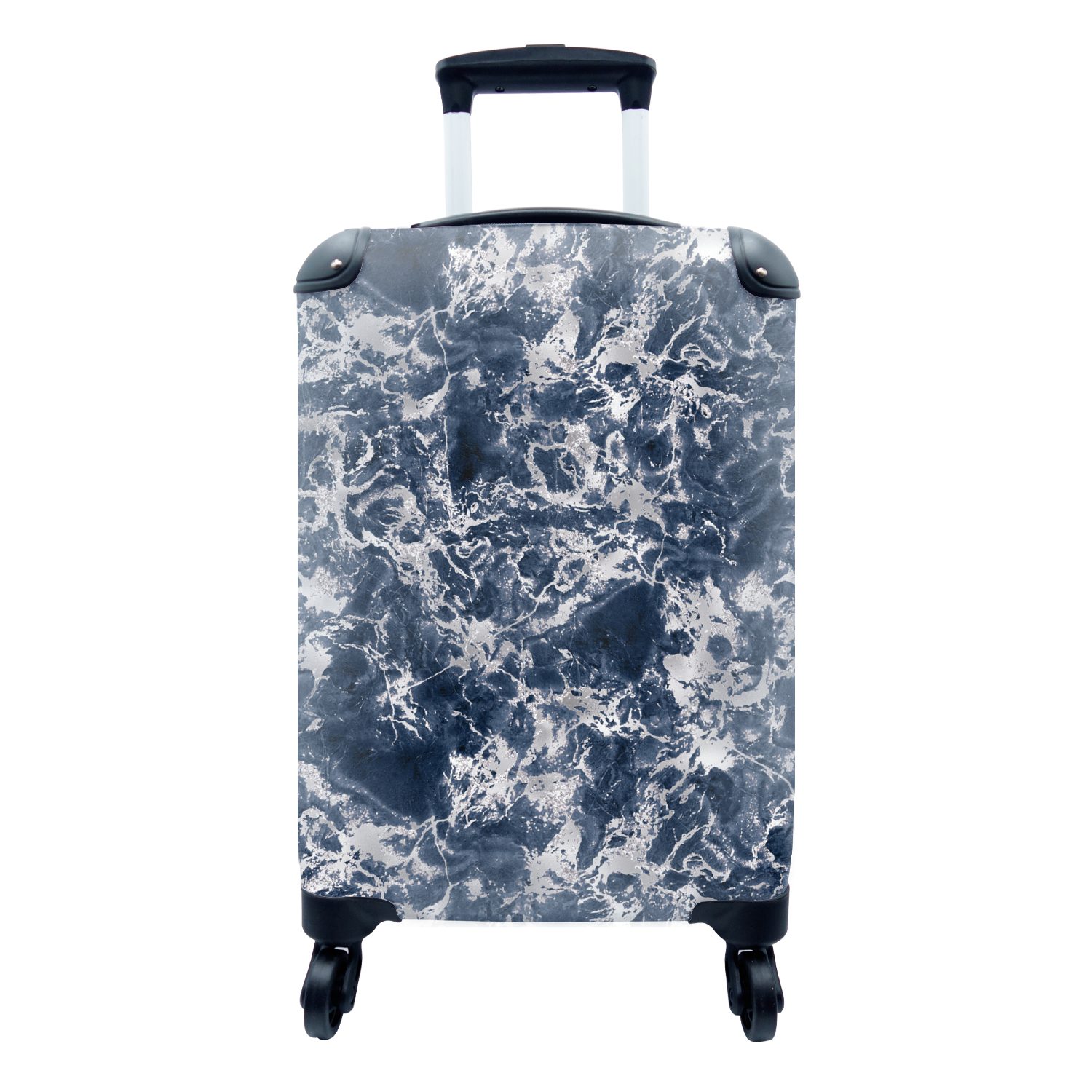 MuchoWow Handgepäckkoffer Silber - Marmor - Muster - Blau, 4 Rollen, Reisetasche mit rollen, Handgepäck für Ferien, Trolley, Reisekoffer