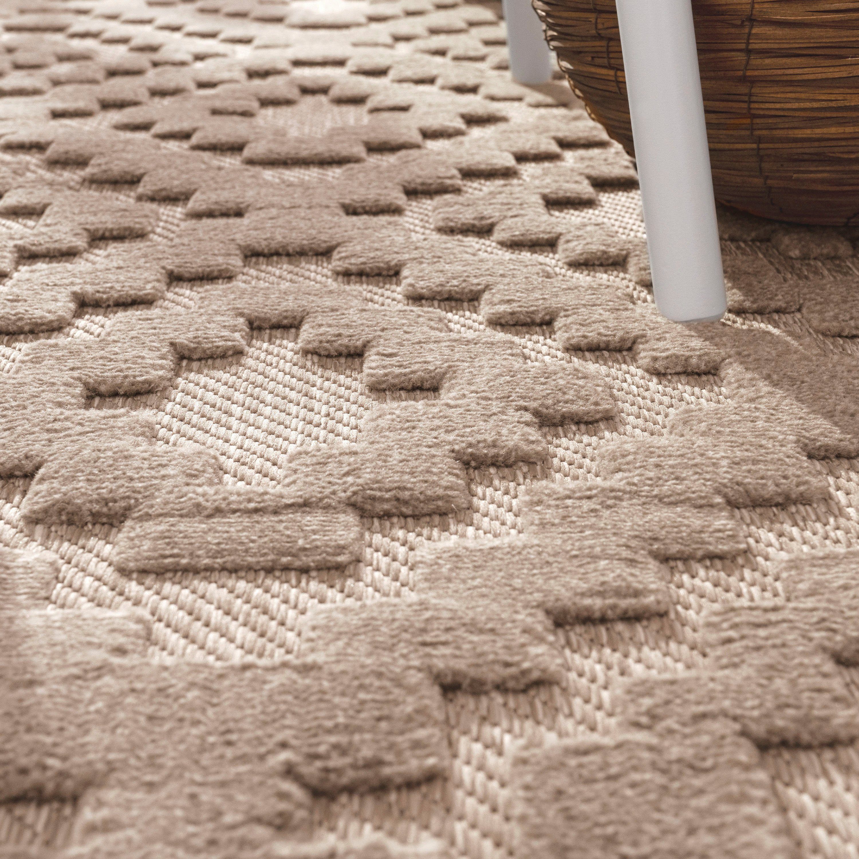 Teppich Livorno 671, mm, geeignet beige Outdoor Scandi, Effekt, Höhe: 14 Home, Hoch-Tief Paco Muster, Uni-Farben, rechteckig, Rauten