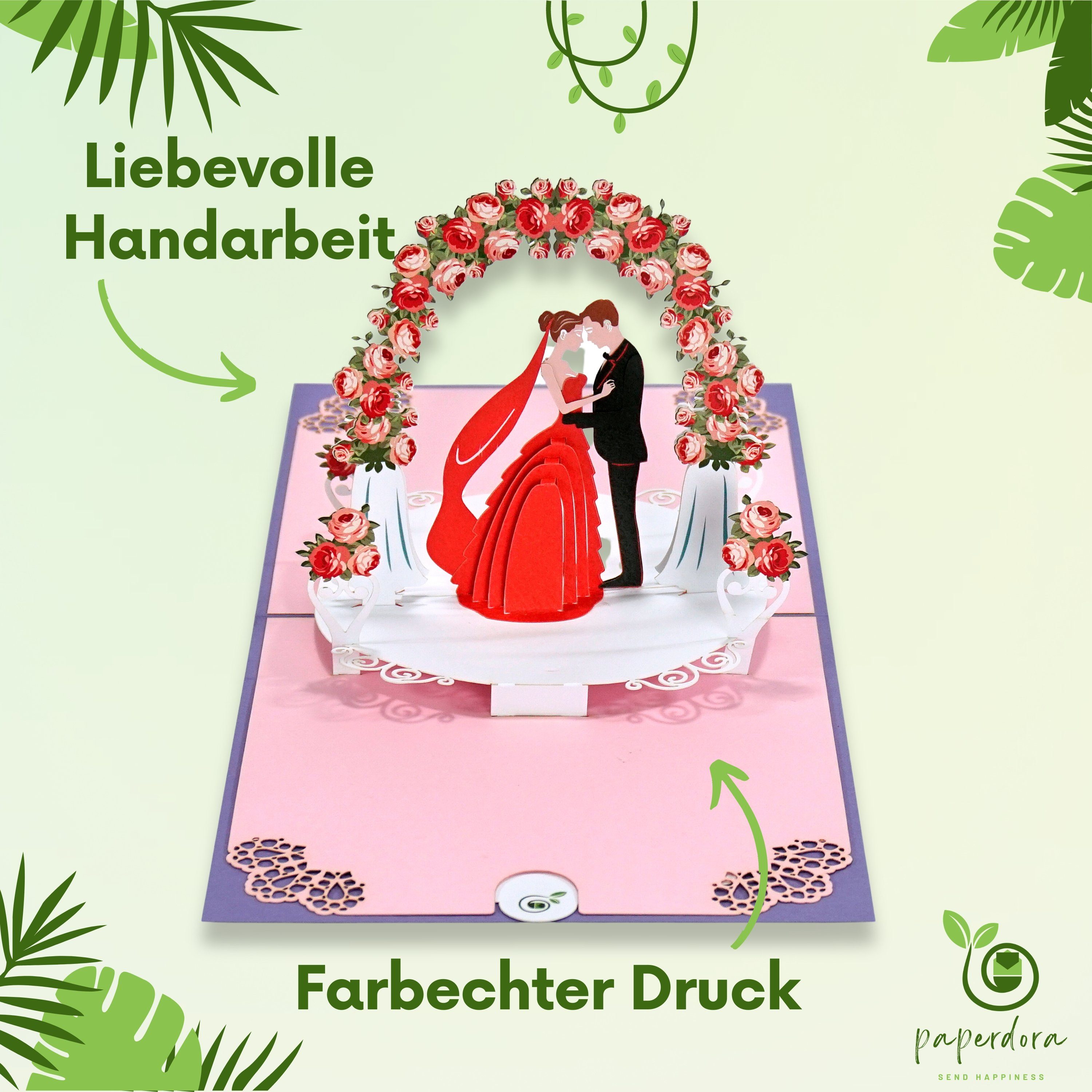paperdora Hochzeitskarte 3D Pop-Up-Karte „Hochzeit“ mit Umschlag und Wachssiegel - Grußkarte, Hochzeit Einladungskarte Geschenk