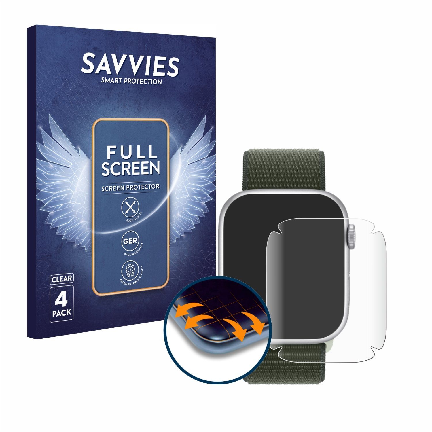 Savvies Full-Cover Schutzfolie für Apple Watch Series 9 (41 mm), Displayschutzfolie, 4 Stück, 3D Curved klar