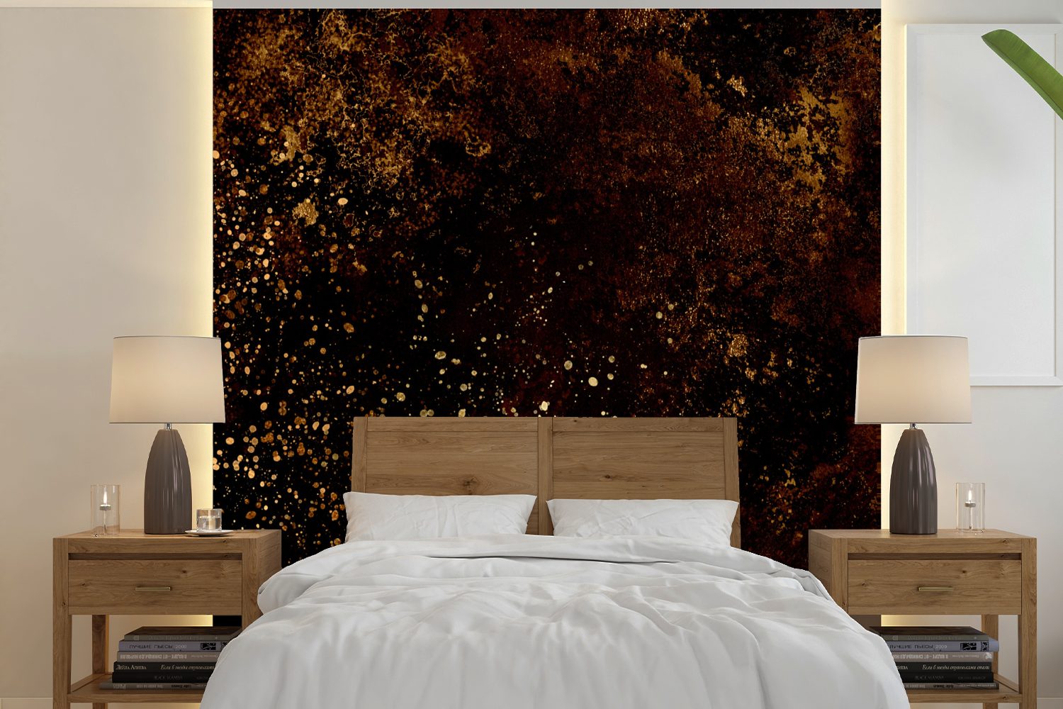 Schlafzimmer, Tapete Wohnzimmer Gold Matt, - Farbe, (5 bedruckt, Schwarz oder Vinyl - Wandtapete Fototapete für St), MuchoWow