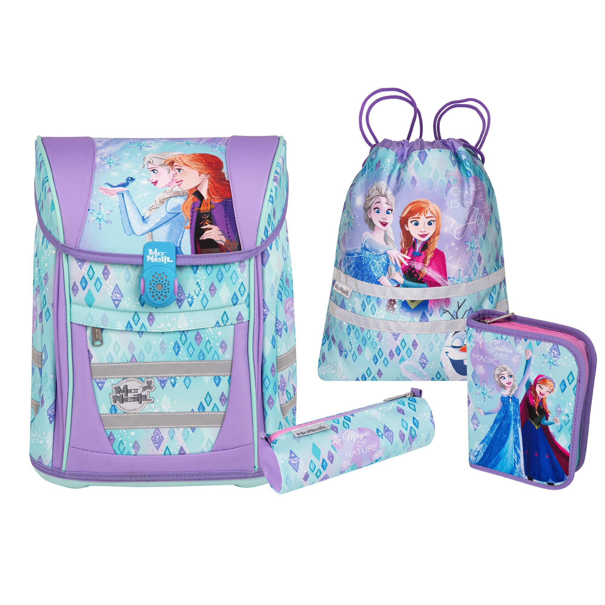 McNeill Schulranzen TENERIS Frozen 4-teilig mit Etui, Schlampermäppchen & Sportbeutel (Spar-Set, mit Sportbeutel, mit Federtasche, mit Schlampermappe, mit Schlamperrolle), Air-Flow Rückensystem, Leichtgewicht ca. 980 g, 4-teiliges Set