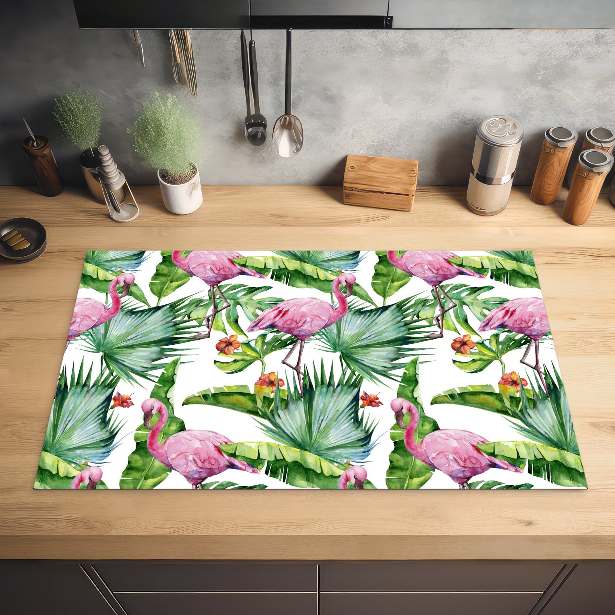 MuchoWow Herdblende-/Abdeckplatte Flamingo cm, 83x51 Vinyl, Arbeitsplatte Dschungel (1 tlg), - - Blumen küche Blätter - - Tropisch, Ceranfeldabdeckung, für