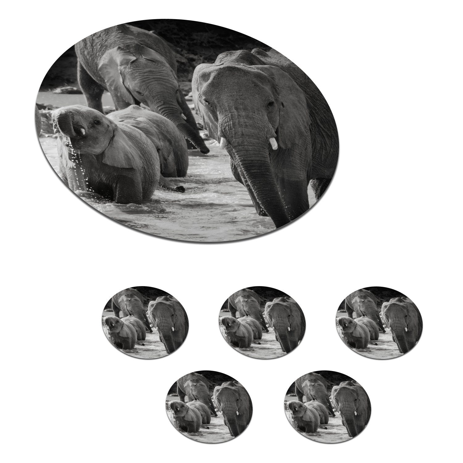 MuchoWow Glasuntersetzer Elefant - Tiere - Wasser - Schwarz und weiß, Zubehör für Gläser, 6-tlg., Getränkeuntersetzer, Tassenuntersetzer, Korkuntersetzer, Tasse, Becher
