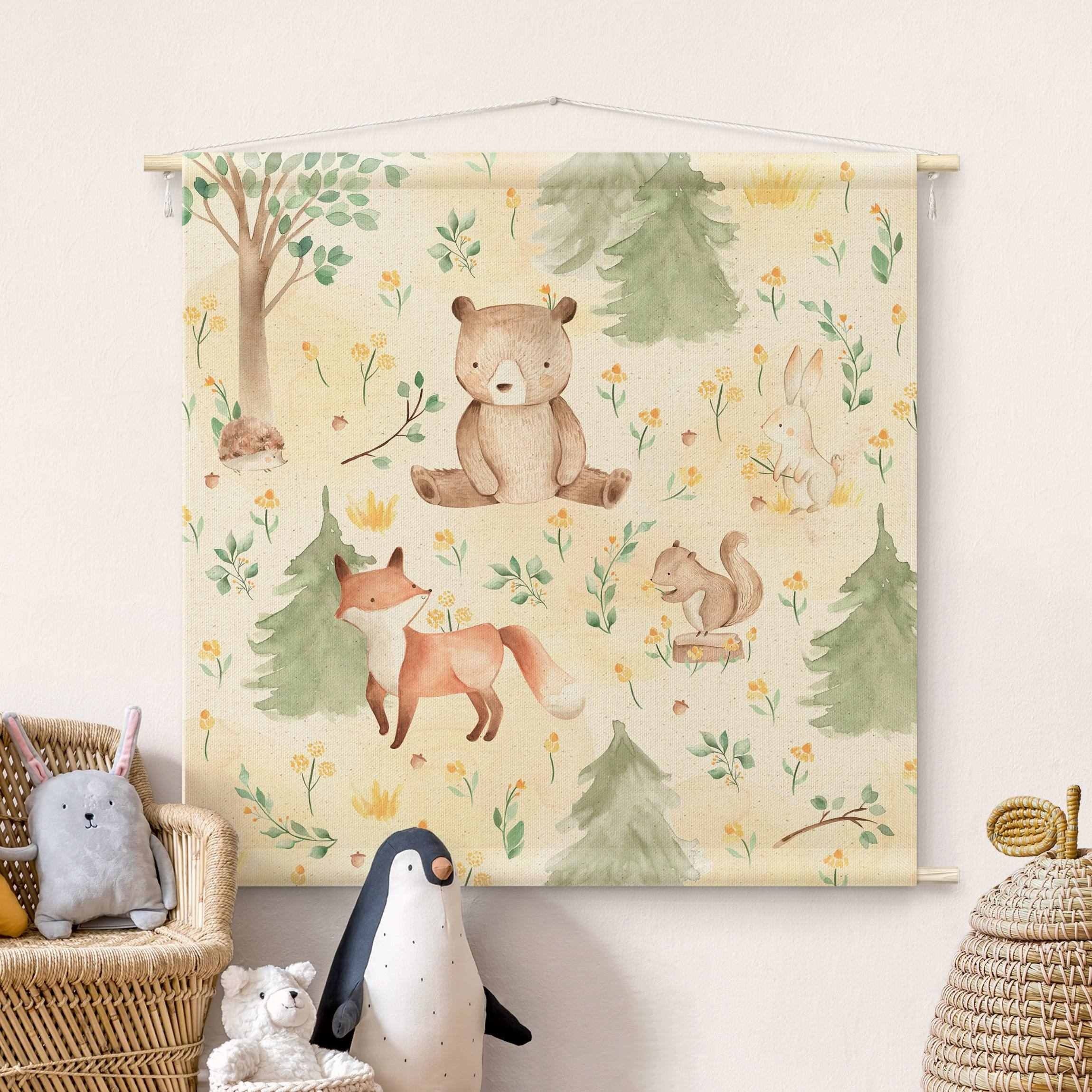 Bilderdepot24 Wandteppich Kinderzimmer modern Blumen Aquarell Tiere Bär gelb, quadratisch, Höhe: 2.6 mm, großes Wandbild aus Natur-Baumwolle Wandbehang Stoffbild Tuch Wollseil