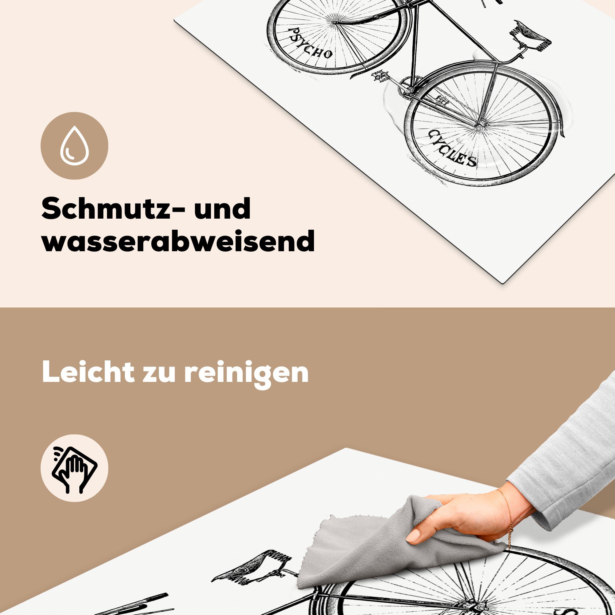 Schutz 81x52 (1 Ceranfeldabdeckung die cm, - Retro - tlg), Fahrrad küche, MuchoWow Induktionskochfeld für Herdblende-/Abdeckplatte Sattel, Vinyl,