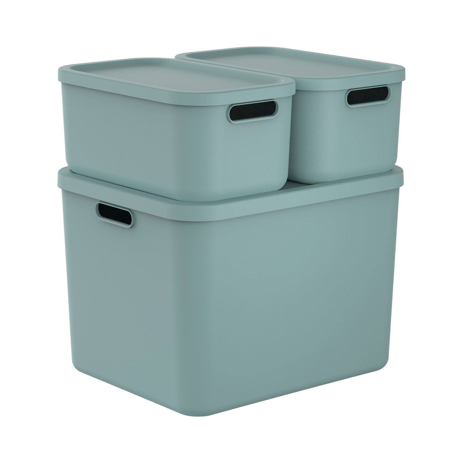 ROTHO Stapelbox Albula Light Set 3tlg. 2x 12l und 55l Aufbewahrungsboxen mit Deckel (3-teilig, Boxen-Set), Recycelt, modular, mit Tragegriffen