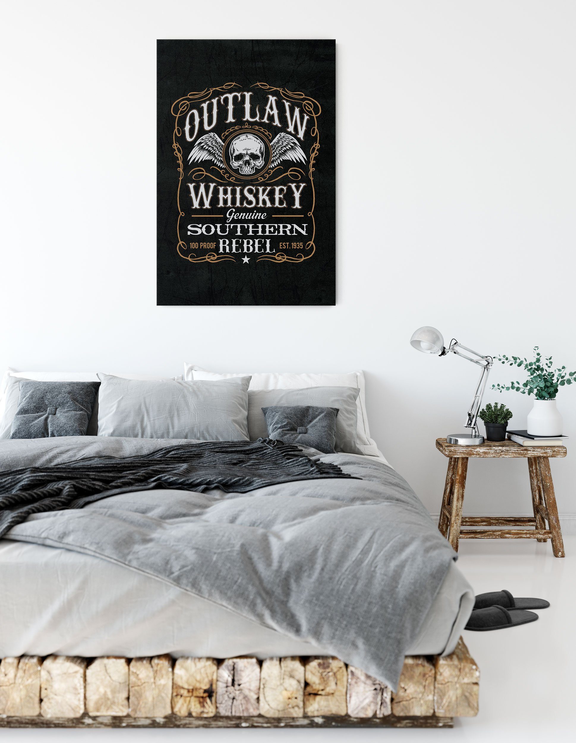 Pixxprint Leinwandbild Whiskey bespannt, inkl. Leinwandbild (1 St), Etikett „Outlaw“, Zackenaufhänger Etikett „Outlaw“ fertig Whiskey