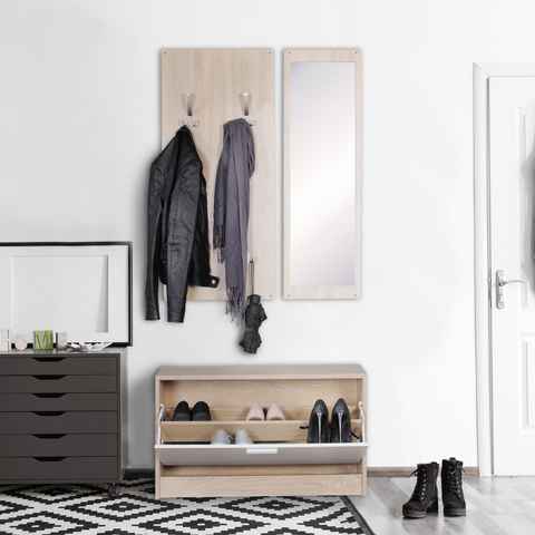 FINEBUY Garderoben-Set SuVa7080_1, (Wandgarderobe mit Spiegel & Schuhschrank Sonoma), Flur Kompaktgarderobe, Komplettgarderobe