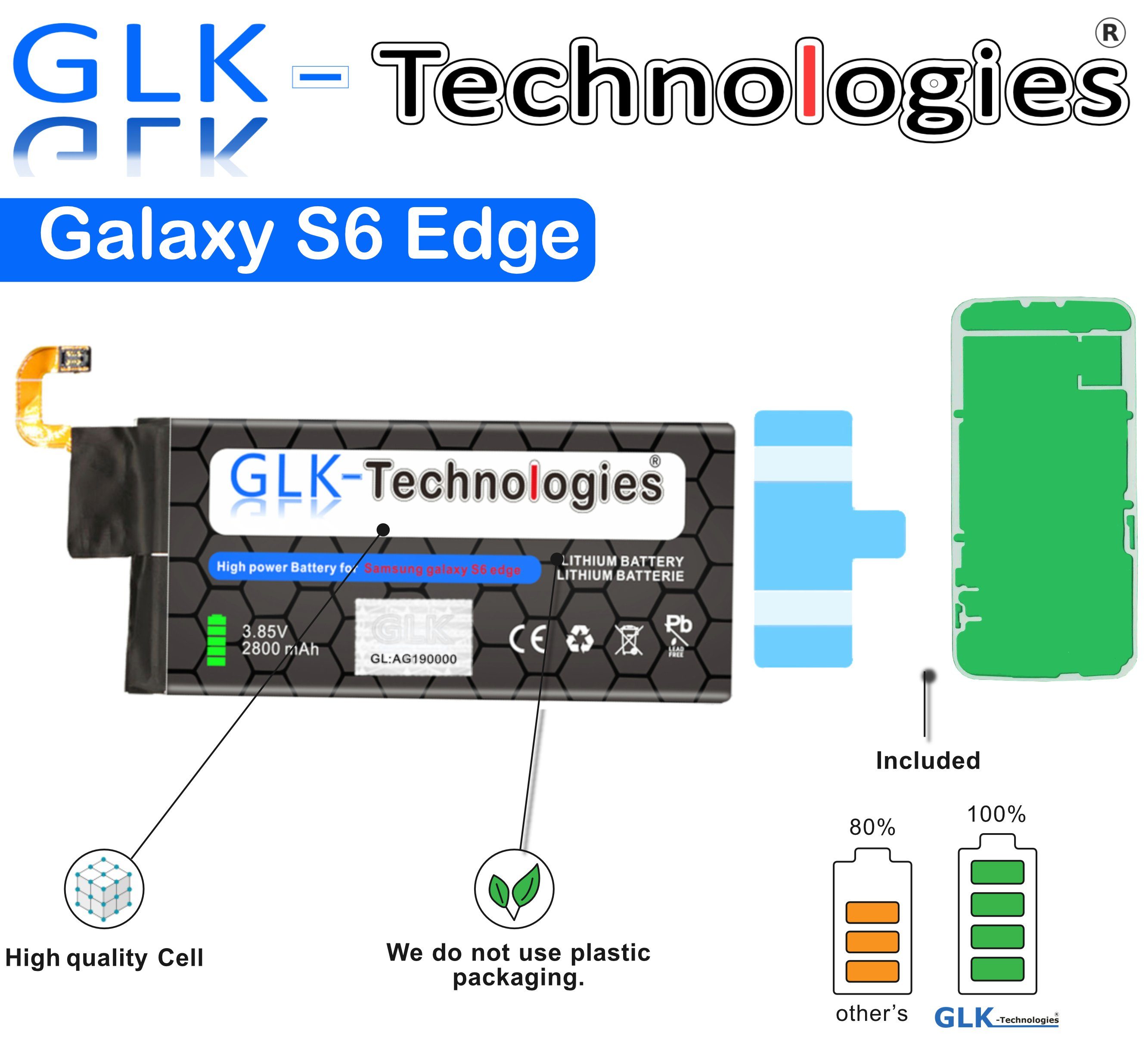 GLK-Technologies High-Capacity Ersatzakku kompatibel mit Samsung Galaxy S6 Edge SM-G925F / EB-BG925ABE, Original GLK-Technologies Battery, accu, 2800 mAh Akku, Ohne Set Smartphone-Akku 2800 mAh