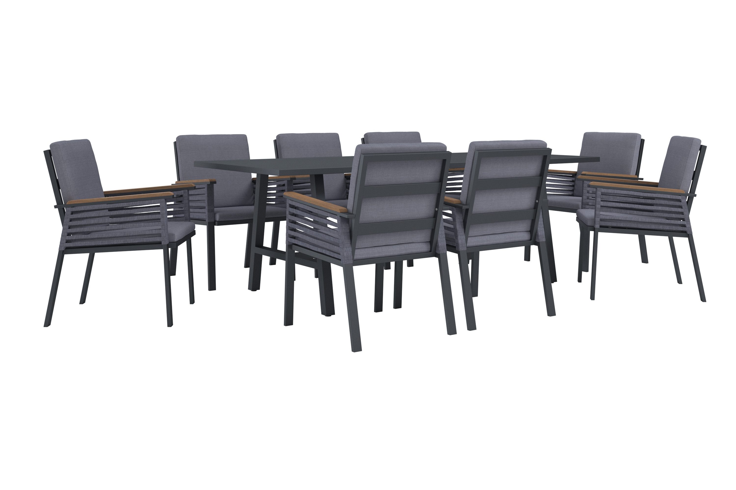 KONIFERA Garten-Essgruppe Diningset »Edessa«, (Set, 25-tlg., 8 Sessel, Tisch 97x220x74cm, inkl. Auflagen), Armlehne mit Seilgeflecht und Nonwood-Latten
