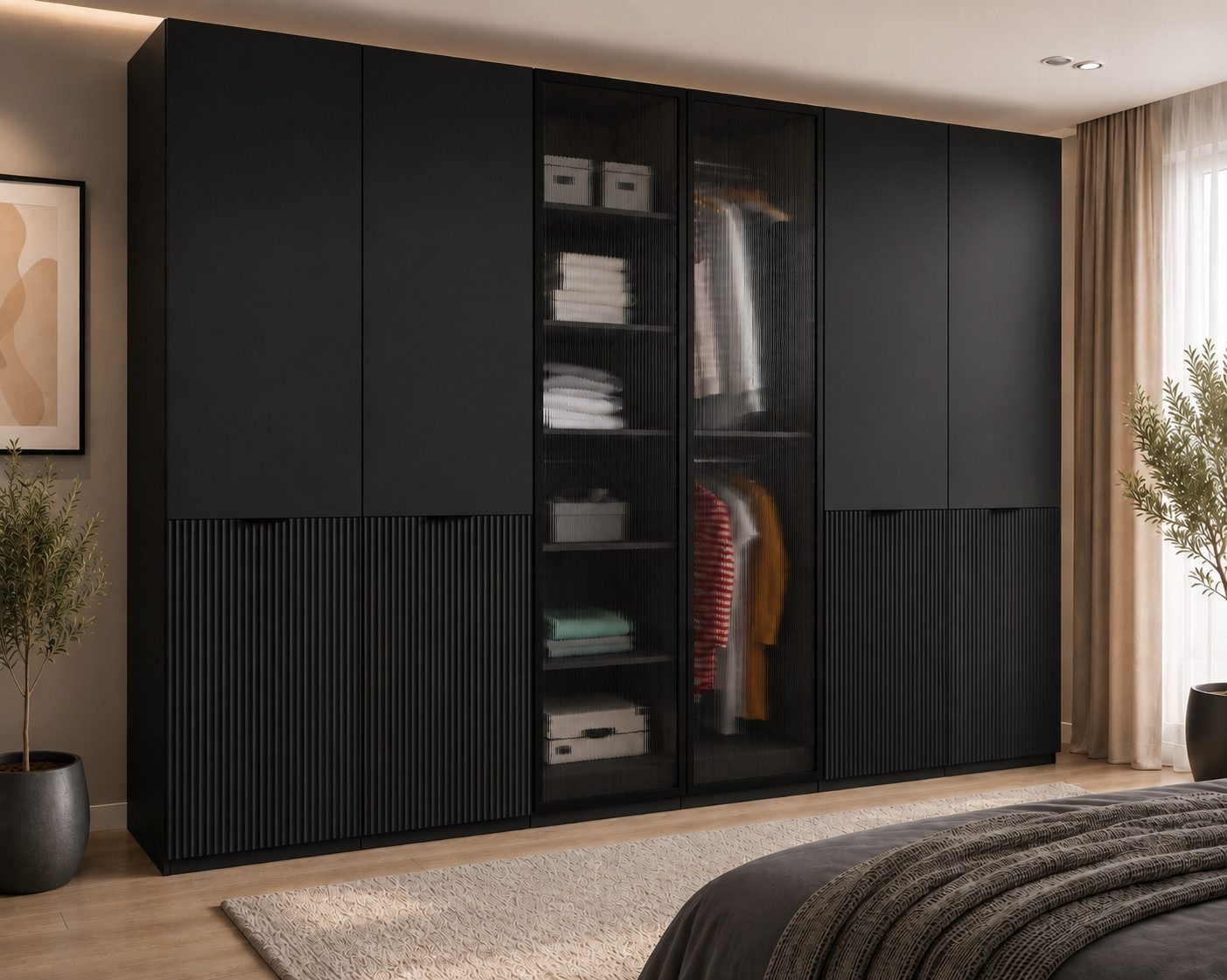MOEBLO Drehtürenschrank MINEWRA FLUTES 300 (6-türiger Kleiderschrank mit eleganten Glastüren, Moderner Schrank für Schlafzimmer und Garderobe, Robustes Design mit Rillenschliff-Glas und gefrästen Paneelen, Breite: 303 cm, Höhe: 200 cm, Tiefe: 49 cm, mit Glastüren)