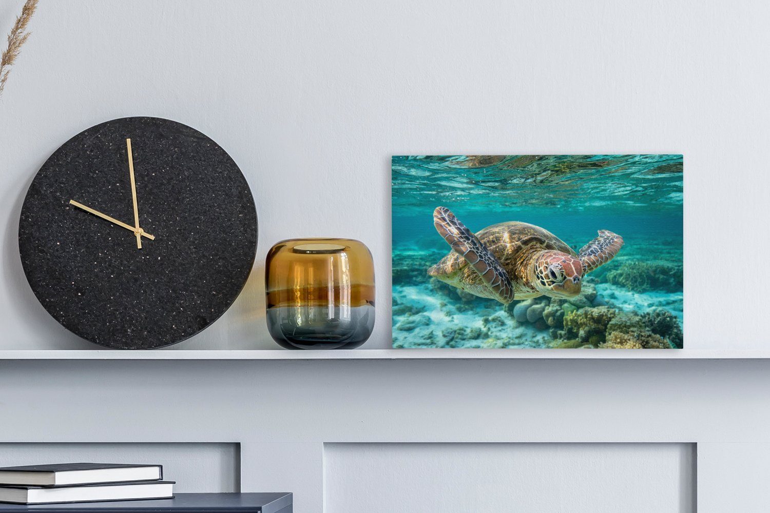 OneMillionCanvasses® Leinwandbild Eine Schildkröte schwimmt Wasser Wanddeko, Aufhängefertig, (1 Leinwandbilder, 30x20 cm unter in St), Wandbild Bodennähe