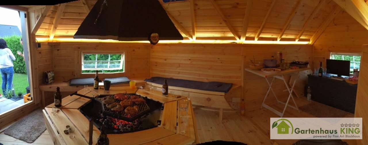 Finn Art Blockhaus Grillkota Grillpavillon 6-eckig Elegance 9,2 mit 1,8m Anbau max. 12 Personen, BxT: 377x515 cm, mit Grillanlage, mit 18 mm Fußboden