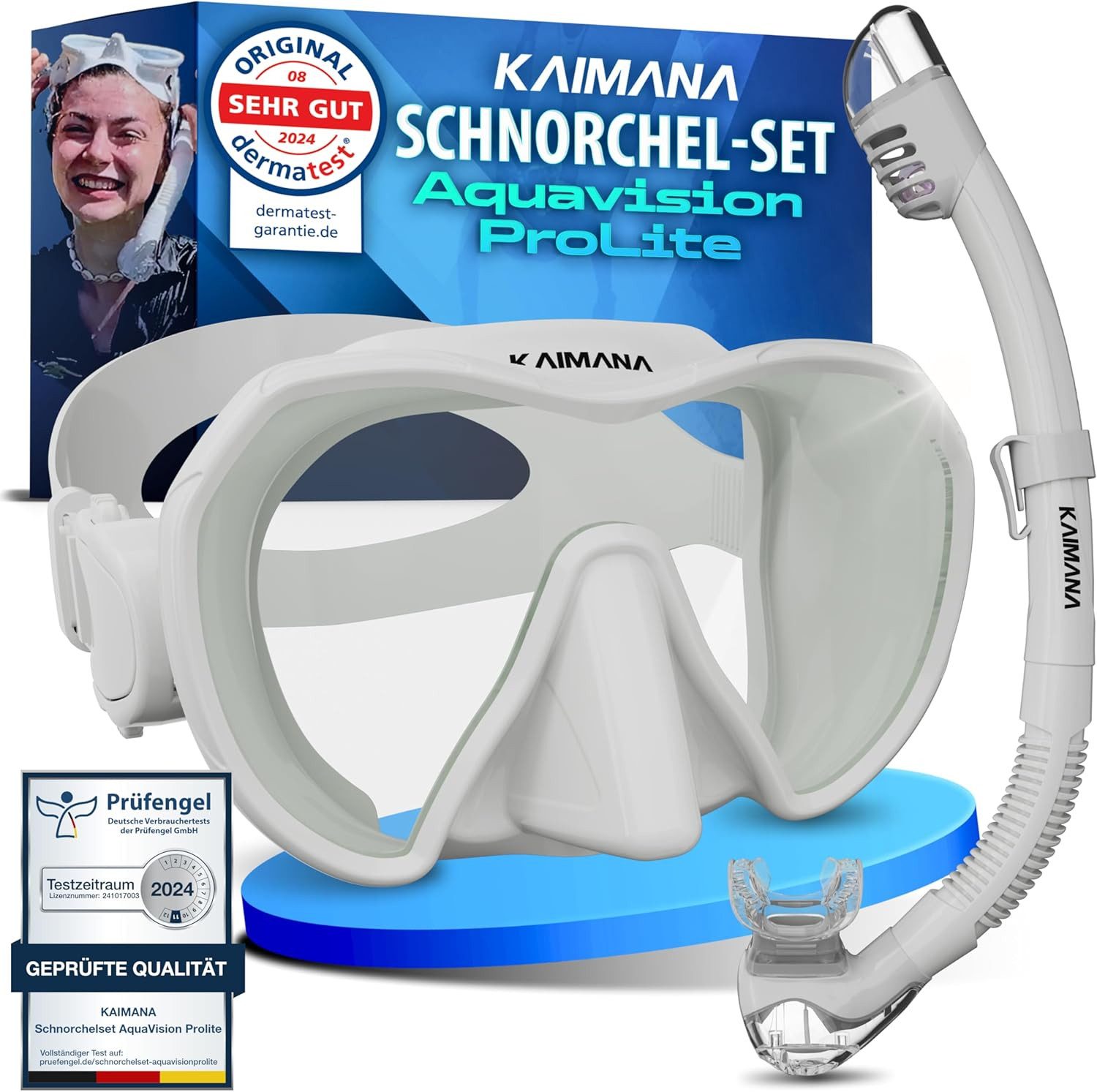 KAIMANA Tauchermaske AquaVision Prolite Schnorchelset für Erwachsene inkl. Tragetasche, (Bequeme Taucherbrille Erwachsene, Alternative zur Schnorchelmaske), Taucherbrille mit Stoffband/Silikonstrap