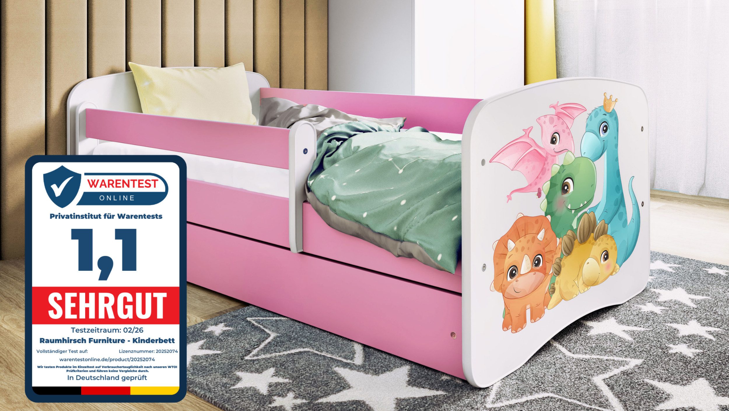 Raumhirsch Furniture Kinderbett 70x140, 80x160, 80x180 cm - Komplettset mit Matratze & Schublade (Bett für Mädchen, Einzelbett Kinder 2–12, mit Rausfallschutz & Lattenrost), verschiedene Farben & Designs