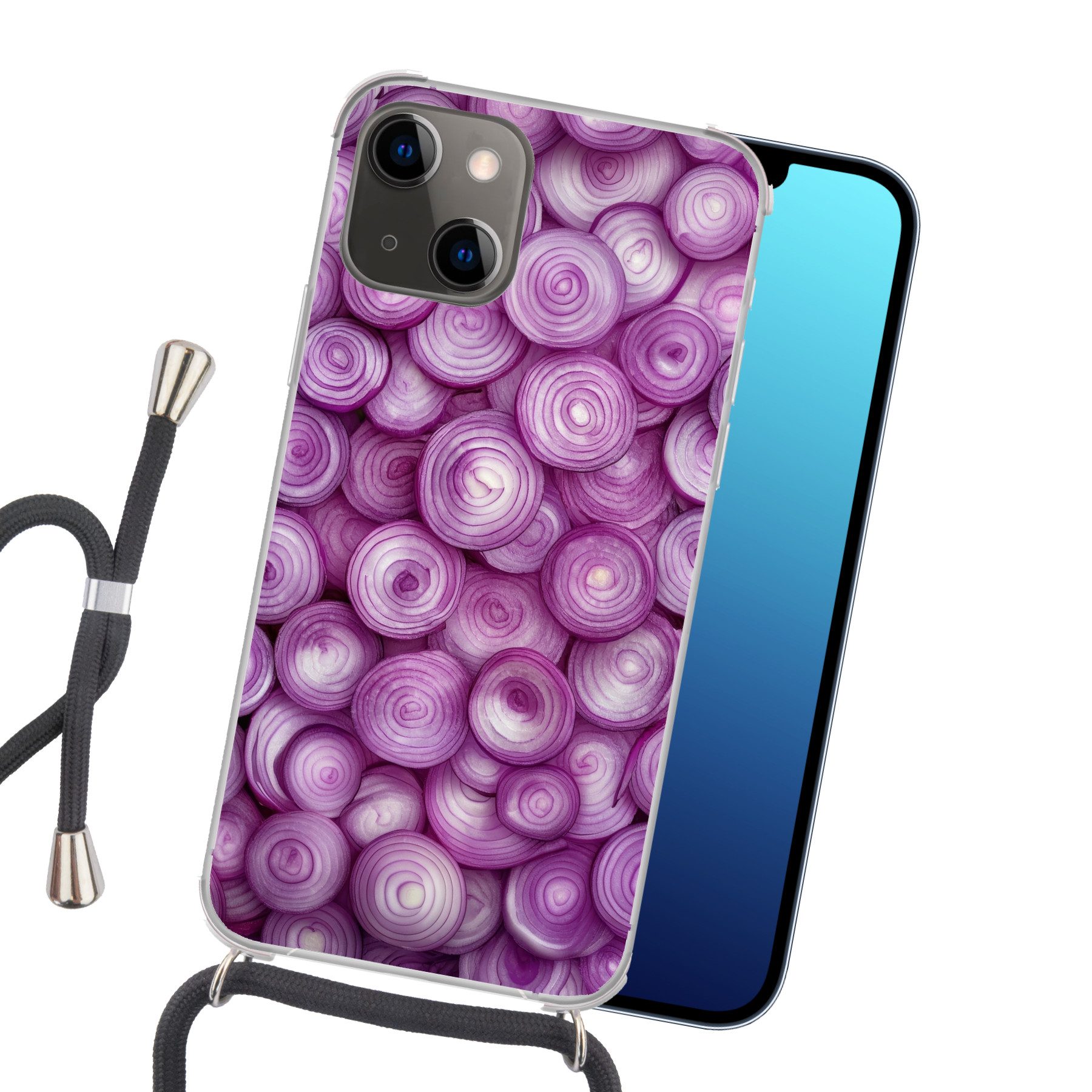MuchoWow Handyhülle für Apple iPhone 13 Lila - Zwiebeln - Nahaufnahme, Tragbare Handyhüllen mit Kette zum umhängen, Handykette Handyband
