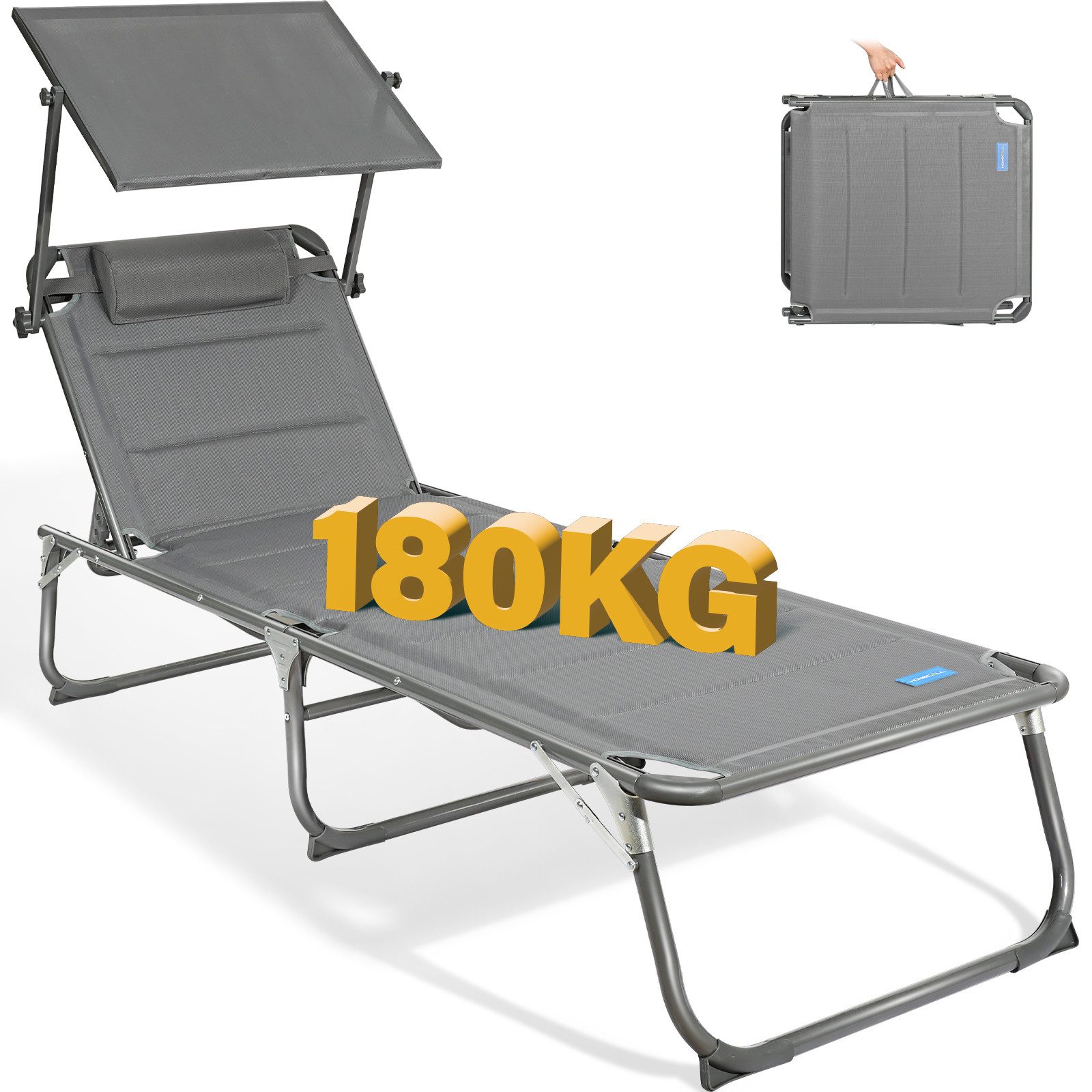 HOMECALL Gartenliege Sonnenliege AluLiege Liegestuhl Strandliege Liegen, klappbar, Textilene Mit Dickem Schwamm, Verstellbare Rückenlehne, Sonnenblende, Kopfpolster, bis 180KG
