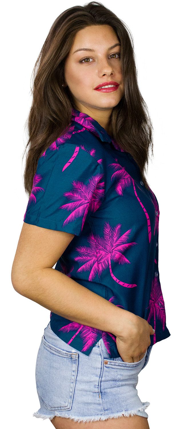 King Kameha Hawaiihemd Palmshadow Funky Hawaiibluse Damen Kurzarm Front-Tasche Stylish
