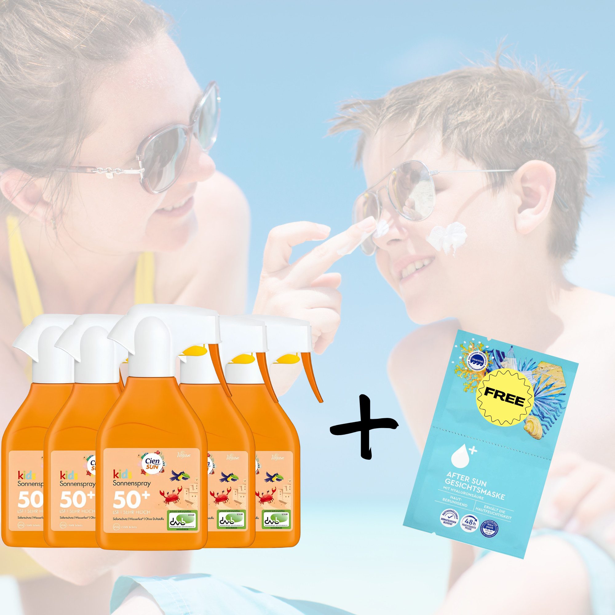 Cien Sonnenschutzspray CIEN Sun Kids Sonnenspray LSF 50+ 6 x 250 ml Vorteilspack, Spar-Set, 8-tlg., 6er Vorteilspack mit LSF 50+ und 2 Gratis After Sun Gesichtsmasken