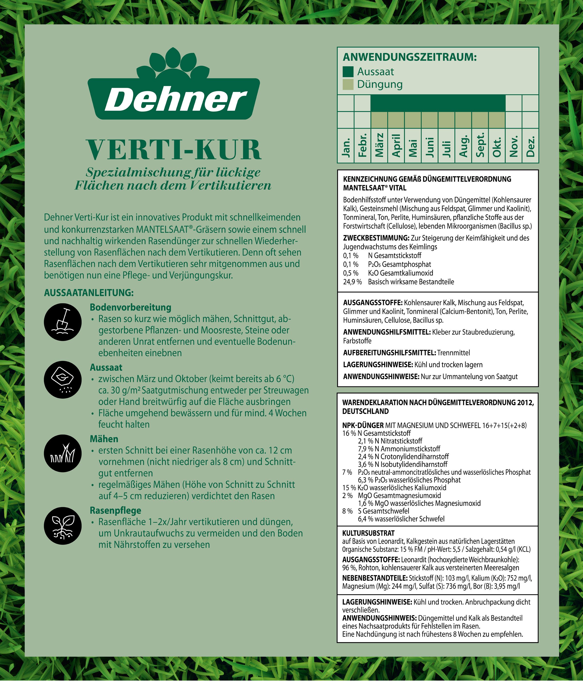 Dehner Rasensamen Rasen Verti-Kur Saatgut, mit Dünger & Substrat, 4,5 kg, zur Regeneration, mit Mantelsaat, pflegeleicht – Bild 5 von 5
