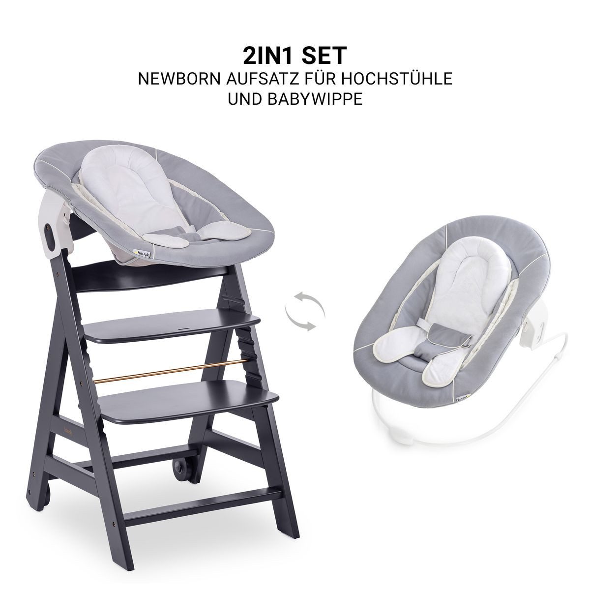 Hauck Hochstuhl Hauck Beta Plus Newborn Set - Dark Grey, Holz Babystuhl ab Geburt mit Neugeborenenaufsatz, Sitzkissen, Essbrett – Bild 5 von 5