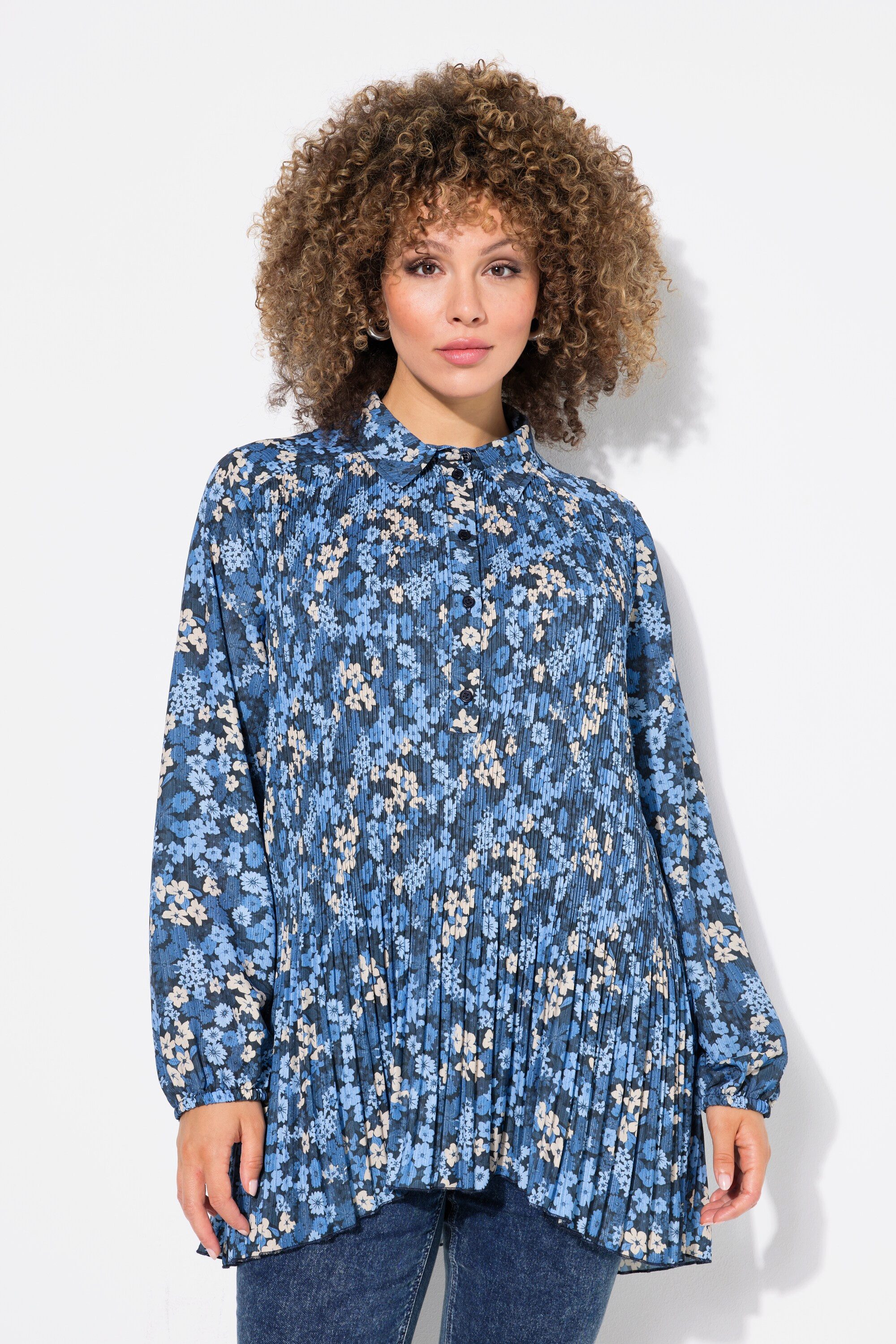 Longbluse Plissee-Bluse Blüten A-Linie Hemdkragen Langarm