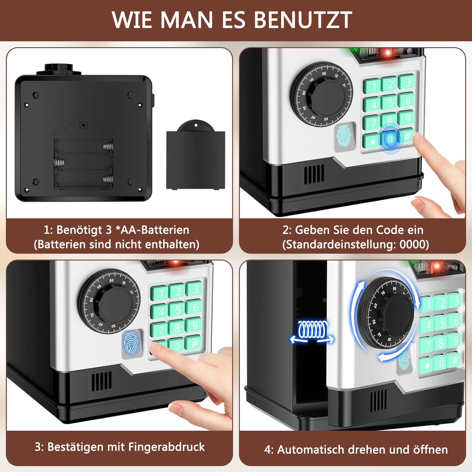 Minicloss Spardose Elektronisches Sparschwein, Geldtresor, Mini-Safe, Geldautomat, Fingerabdruck-Entsperrung Passwort Spardose Kinder – Bild 4 von 5