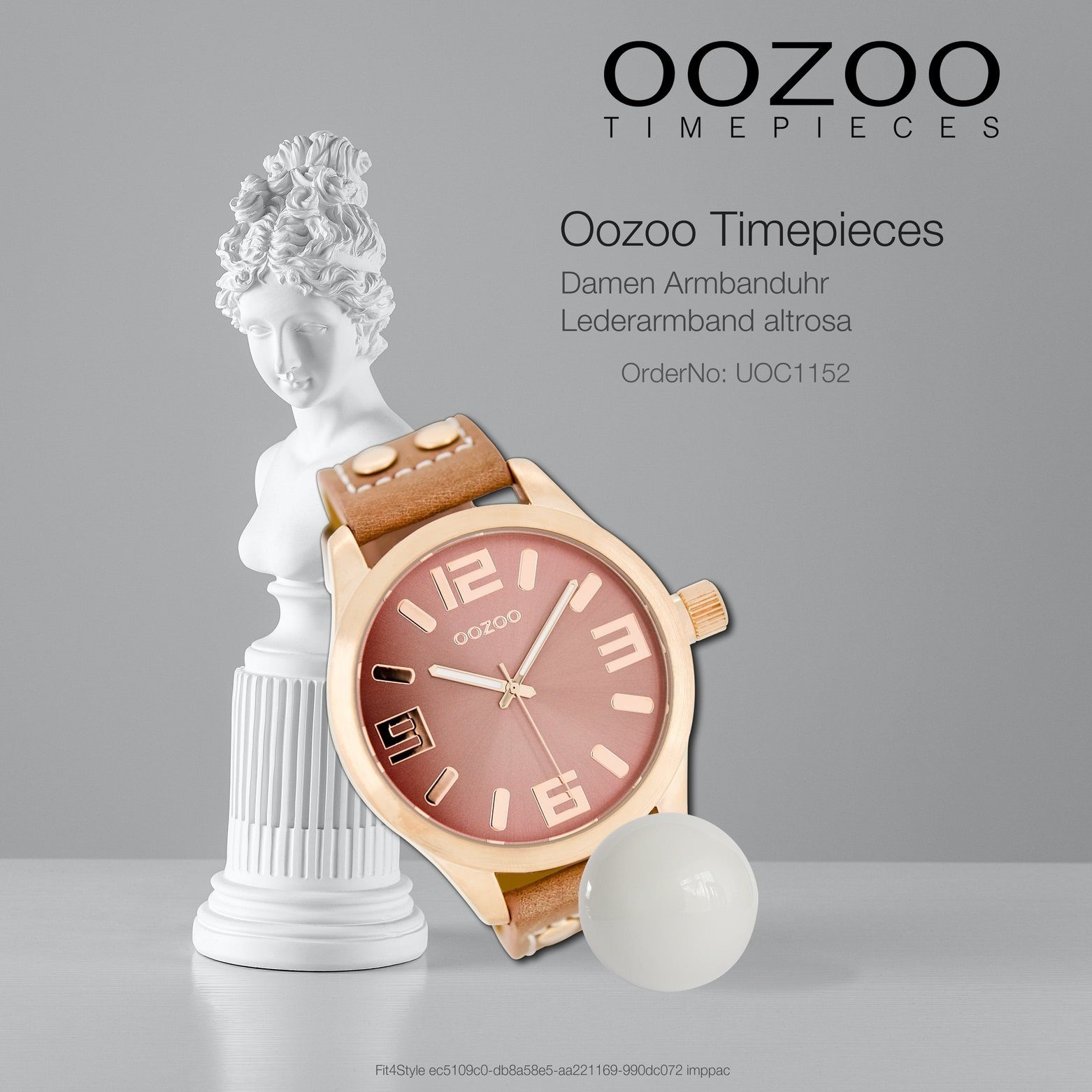 OOZOO Quarzuhr Oozoo Damen Armbanduhr Fashion-Style rund, 46mm) Damenuhr Lederarmband, (ca. altrosa, extra groß