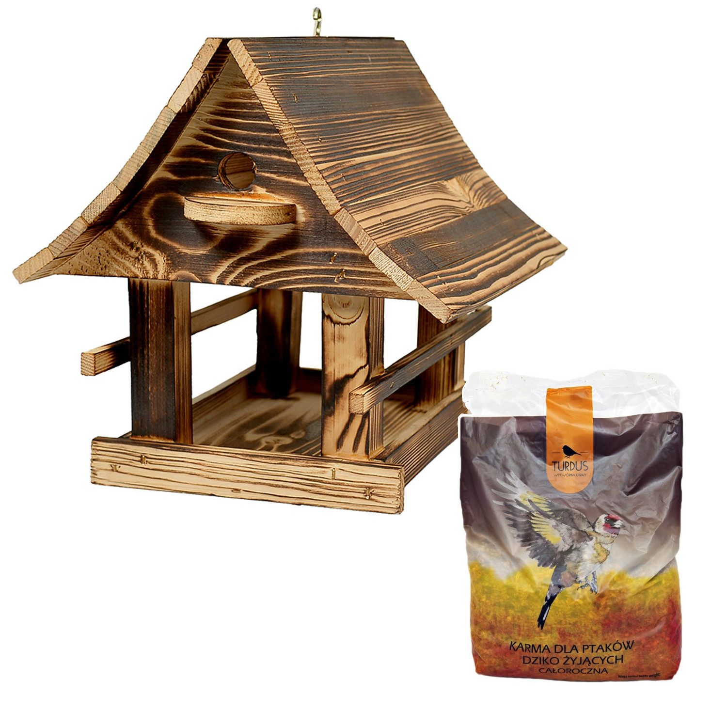 WOODOK Vogelhaus Massivholz-Vogelfutterhaus XXL + Vogelfutter 1 kg, Holz, gebrannt, Aufhängehaken