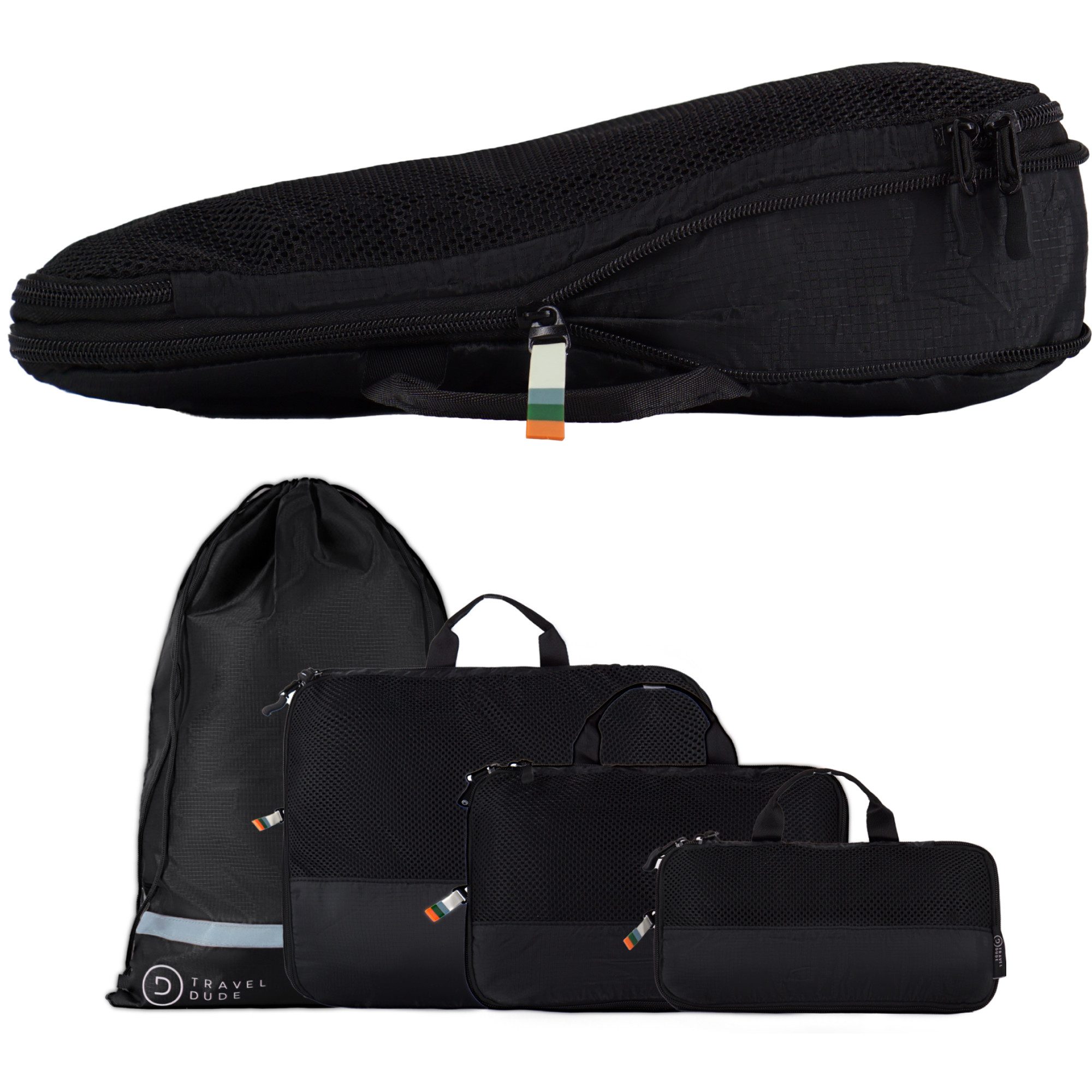 TRAVEL DUDE Kofferorganizer, Packing Cubes aus recycelten Plastikflaschen (ultraleichte Packwürfel, 4-tlg., Packing Cubes für Rucksack und Koffer, Packtaschen), mit Kompression und einem Nassfach