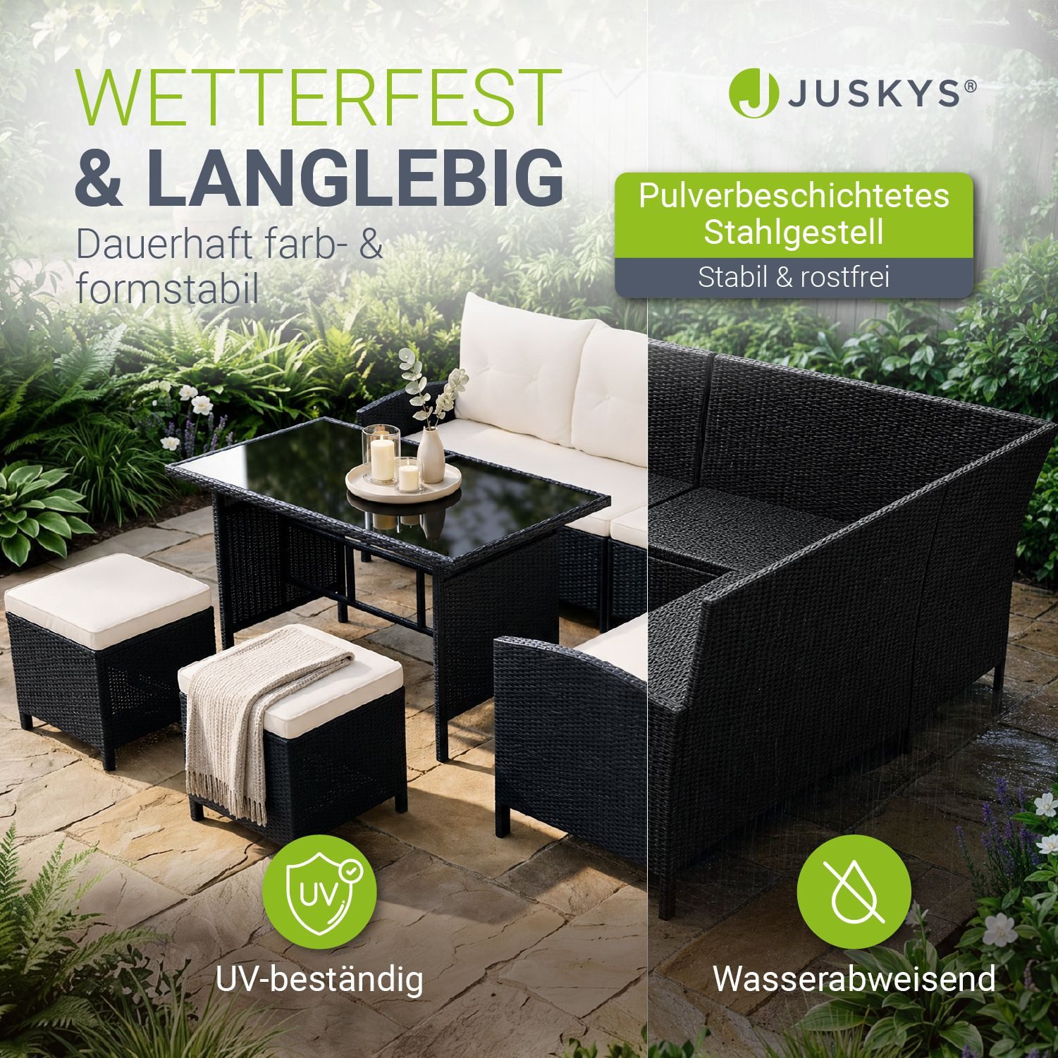 Juskys Gartenlounge-Set Manacor, (Gartenlounge), Polyrattan Gartenmöbel-Set mit Garten-Sofa, Garten-Tisch und 2 Hocker