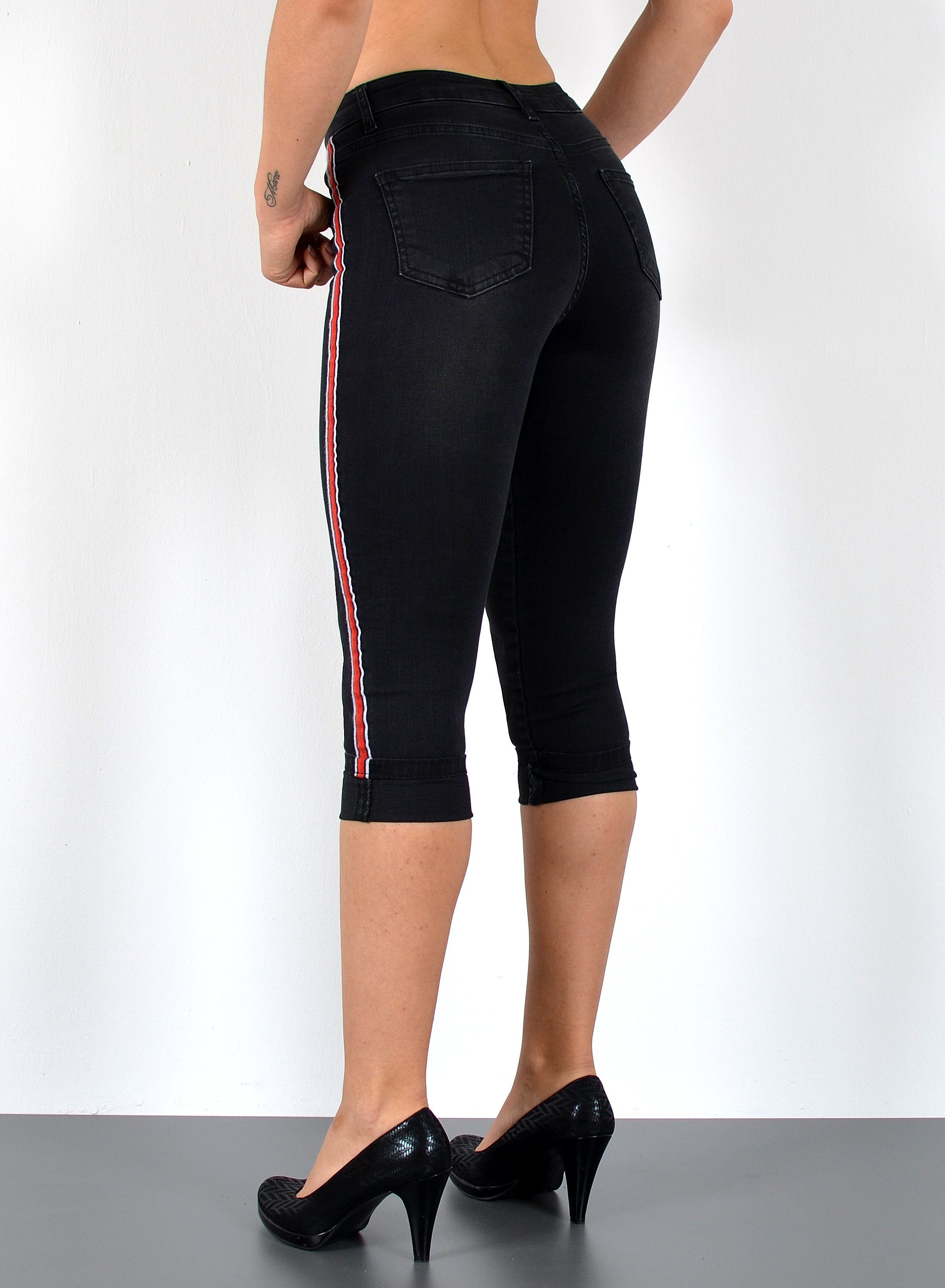 ESRA Caprijeans 3/4 Jeans Hose Capri Jeans mit Seitenstreifen Caprihose Damen Sommer High Waist Capri Jeans Damen 3/4 Hose mit Galon-Streifen bis Plus Size