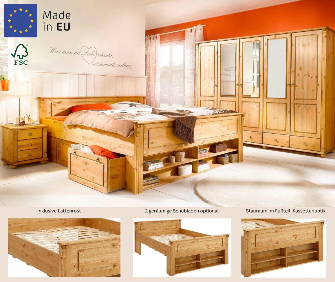 OTTO home Massivholzbett Tessin, Stauraumbett, Landhausstil, Schubladen optional, rustikal (Breite/Belastbarkeit 180cm/220 KG, 140cm/180 KG), zertifizierte Kiefer, Kassetten-Optik, stabile Qualität