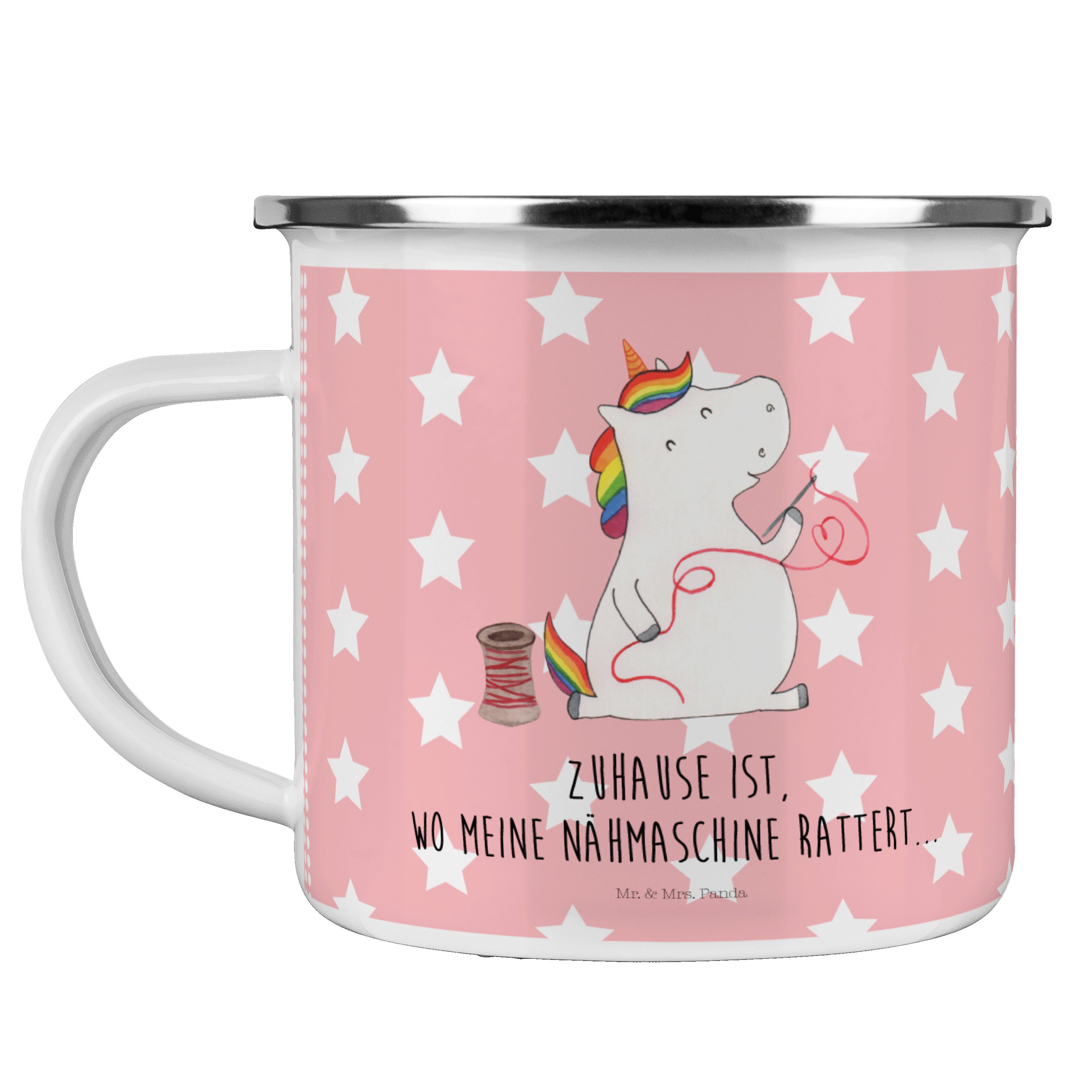 Mr. & Mrs. Panda Becher Einhorn Näherin - Rot Pastell - Geschenk, Pegasus, Camping Tasse Meta, Emaille