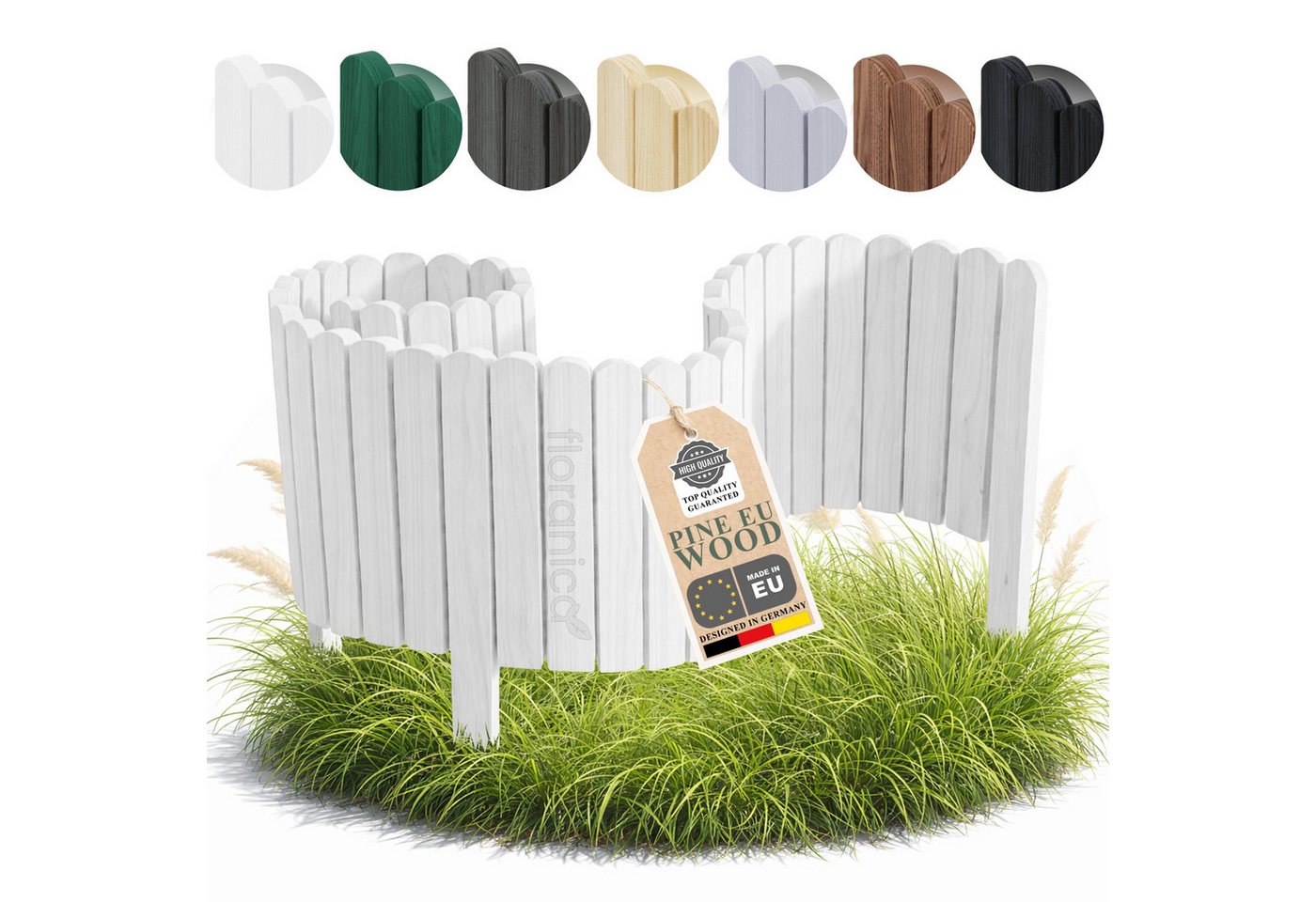 Floranica Palisade Rasenkante Beeteinfassung Beetumrandung Rollzaun Holzzaun Gartenzaun, LxH: 100x10 cm, Weiß, Dekozaun Umzäunung für Garten Blumenbeetee Wege Rasenbegrenzung