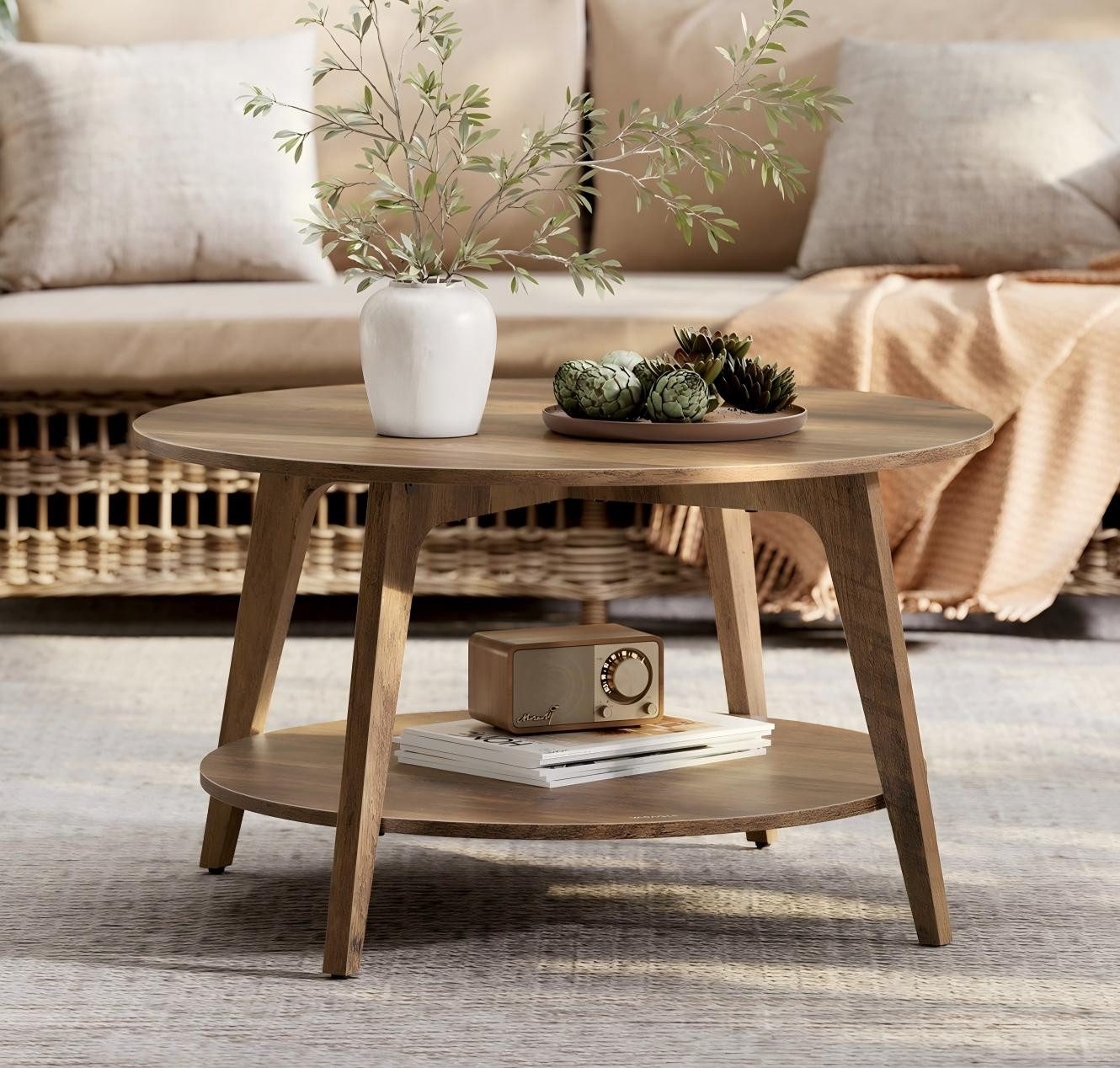 VASAGLE Couchtisch, Wohnzimmertisch 2 Ebenen, ∅80 x 45 cm, einfach zu montieren