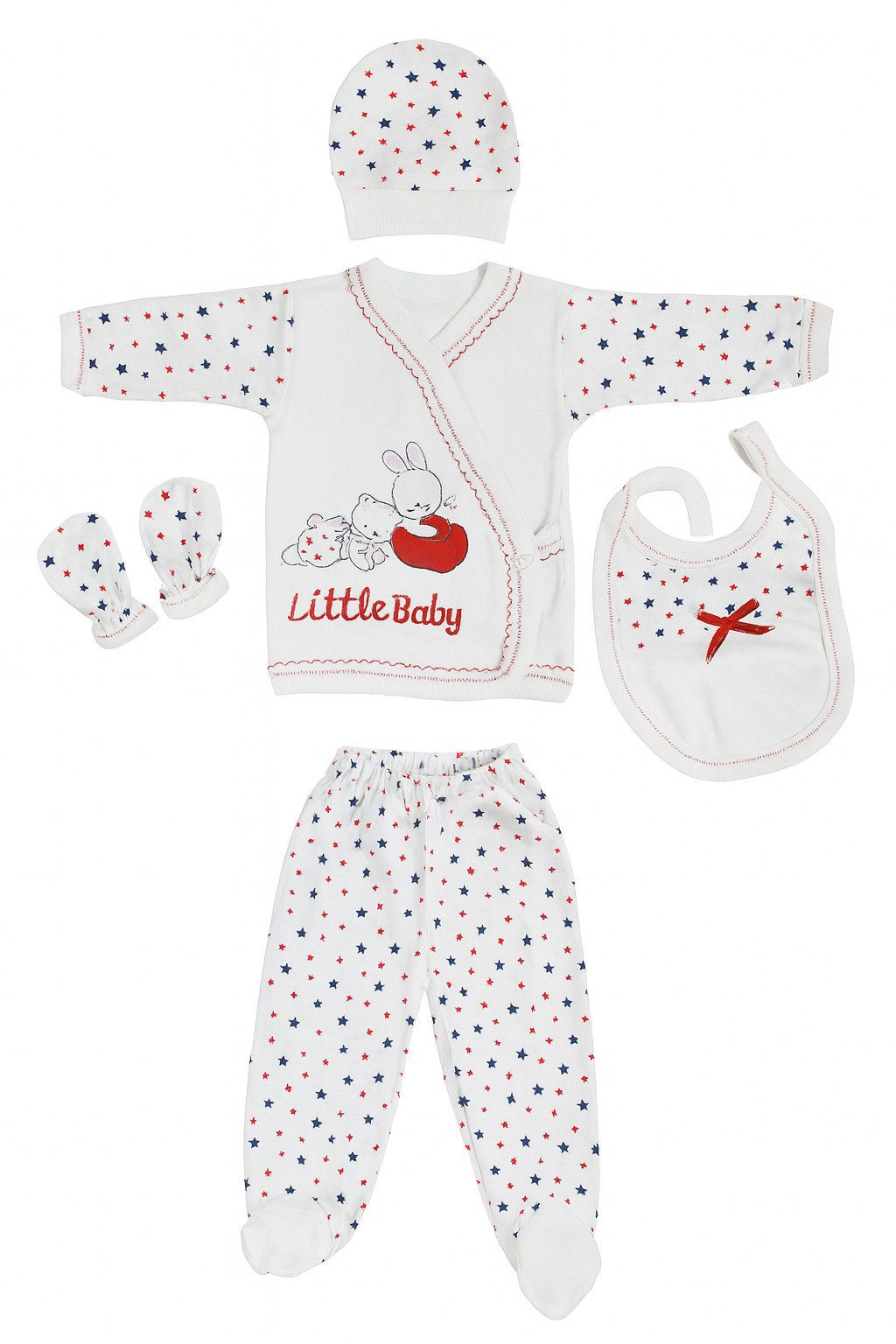 Lorey Medtec Ползунки Baby Outfit, 5er Set für Jungen/Mädchen, Neugeborene, 100% Baumwolle (Wickelshirt + Hose + Mütze + Слюнявчики + Fäustlinge)
