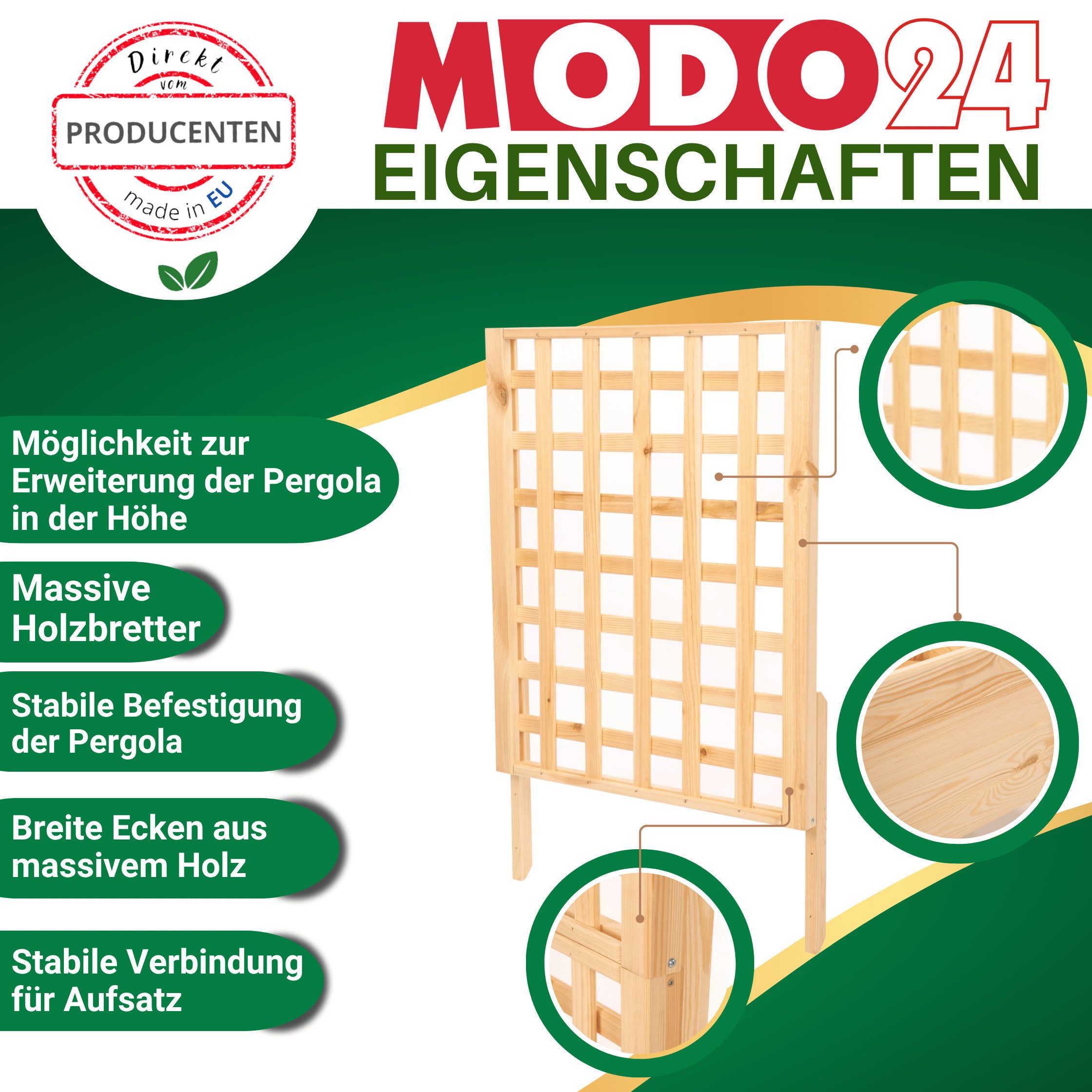Modo24 Blumenkasten aus Holz, Pflanzkübel, Balkonkasten mit / ohne oder nur Rankgitter, Blumenkübel Holzkiste Garten Terrasse, Imprägniert Wetterfest Outdoor