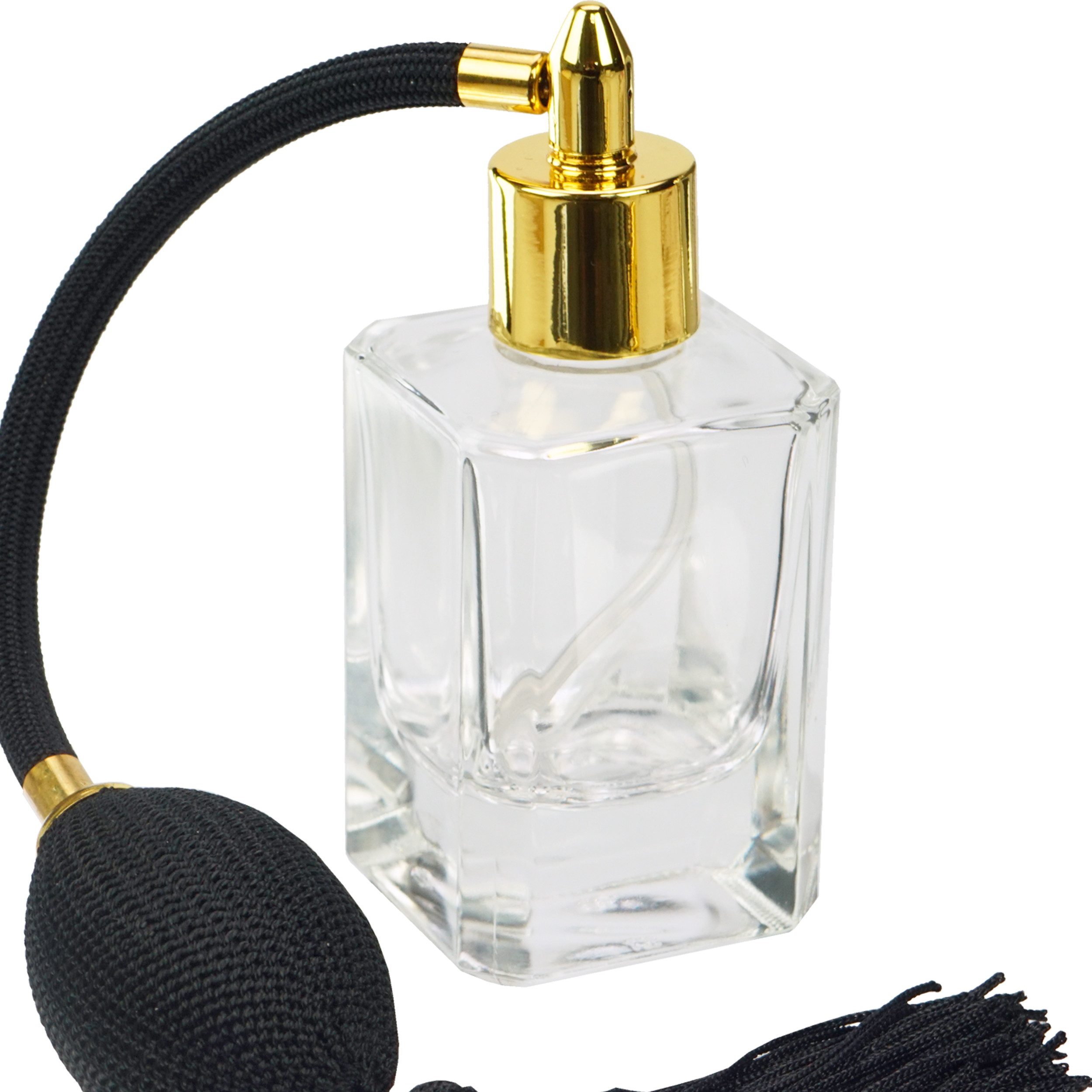 Fantasia Beauty Parfümzerstäuber Tischzerstäuber, Glas eckig, mit Ballpumpe, schwarz-goldfarben, 50 ml (1 St), Parfümzerstäuber mit Ballpumpe