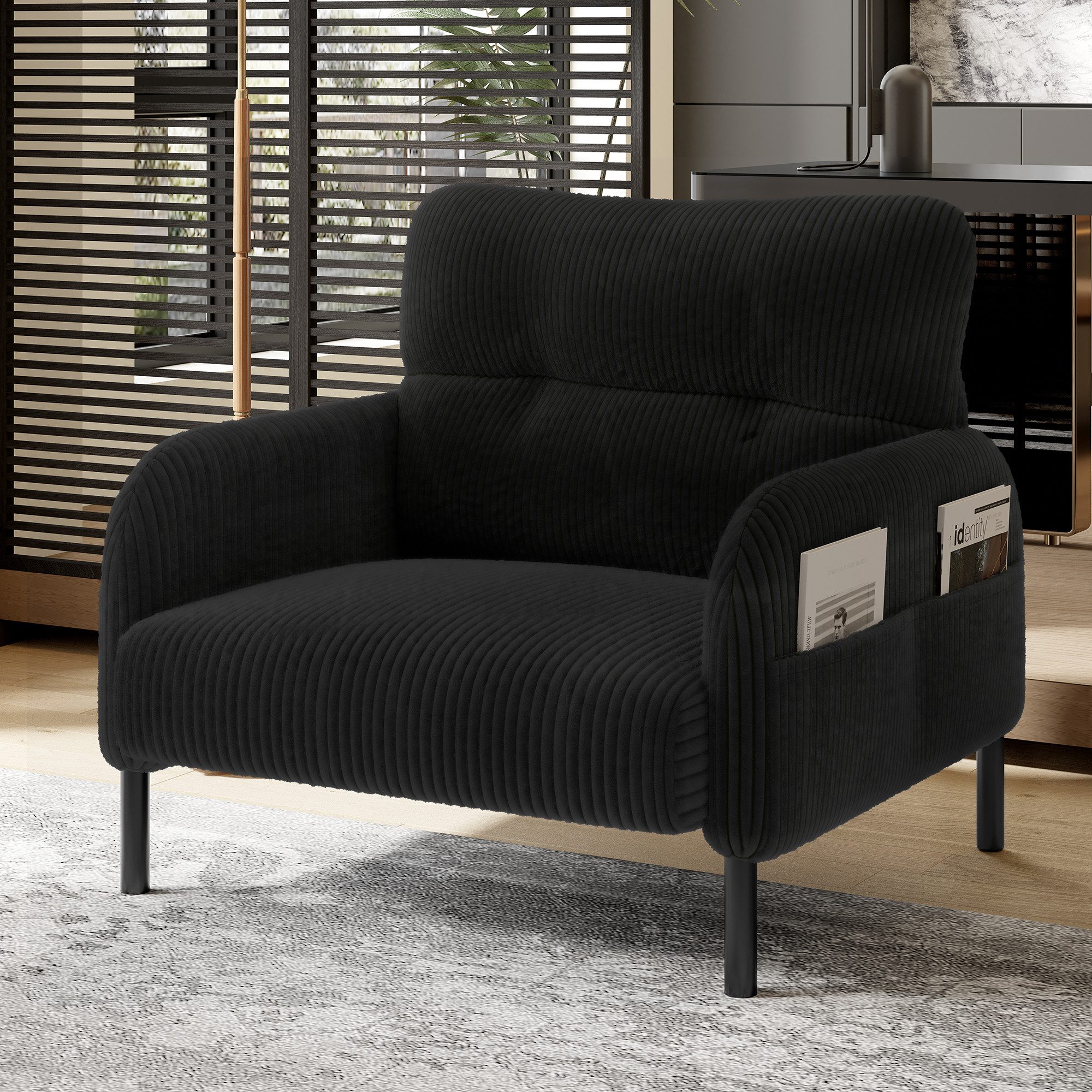 Celya Sessel Relaxsessel Polsterstuhl Loungesessel, Cordstoff (1-St, 67x75x79 cm, Armlehnen mit Seitentaschen auf beiden Seiten), geeignet für Wohnzimmer, Schlafzimmer und Arbeitszimmer
