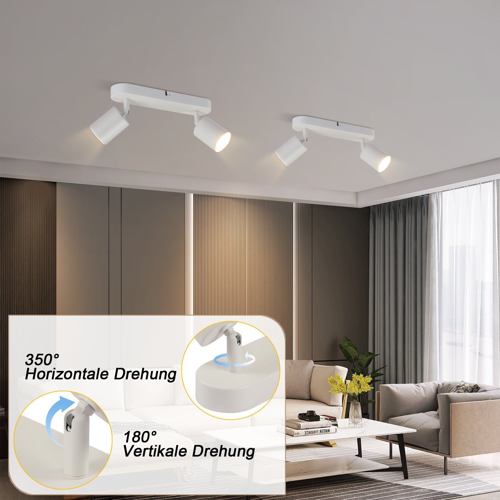 ZMH Deckenstrahler 2 Flammig - Schwarz/Weiß Deckenspots Schwenkbar 350° für Wohnzimmer, Hochwertige Material, ohne Leuchtmittel – Bild 4 von 5