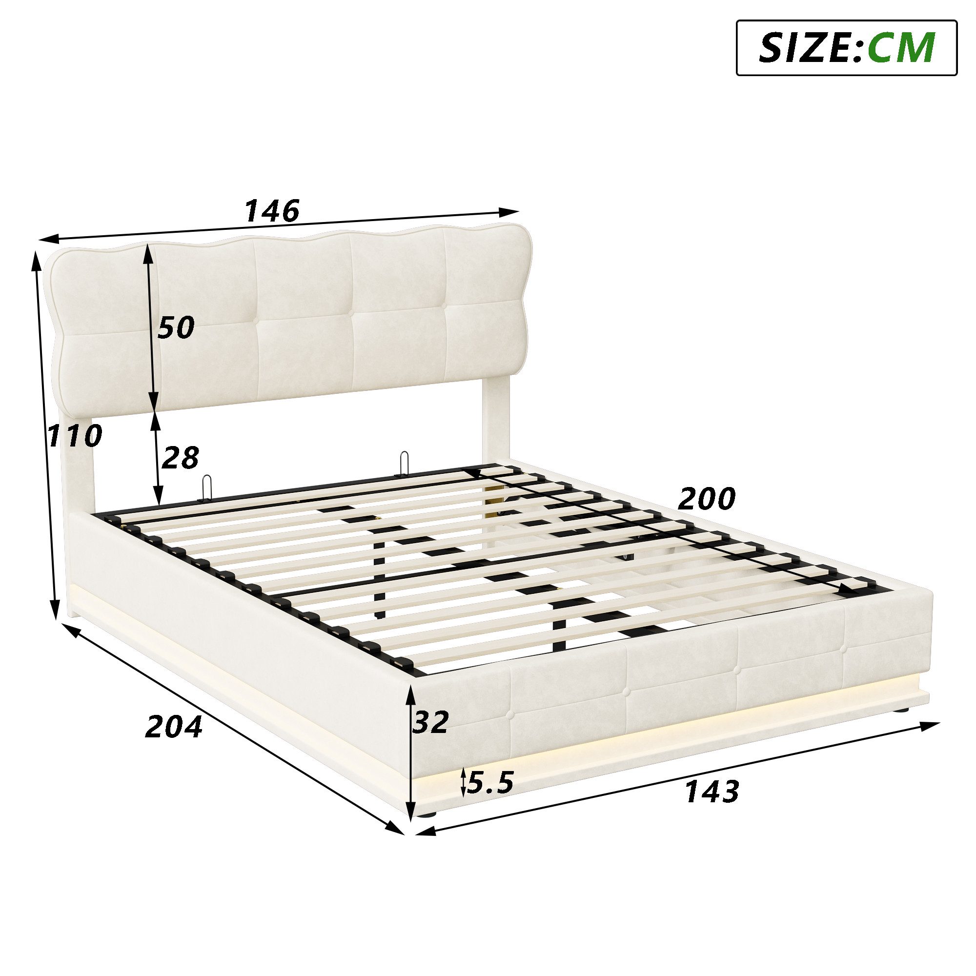 Gdood Polsterbett Stauraumbett Doppelbett LED (Hydraulisch hebbarem Stauraum), Mit LED-Beleuchtung, Lattenrost, Samt, 140x200 cm