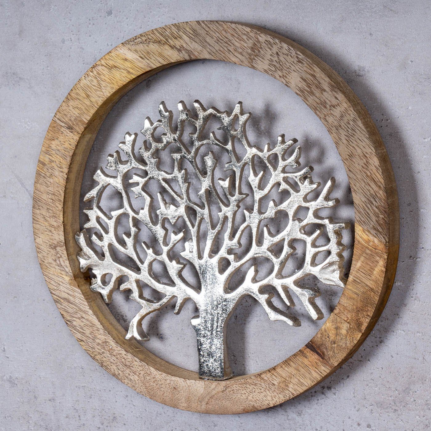 Silber Dekoobjekt, Levandeo® Wandbild Ø25cm Metall Lebensbaum Bild Variante Mango Braun Holz 1