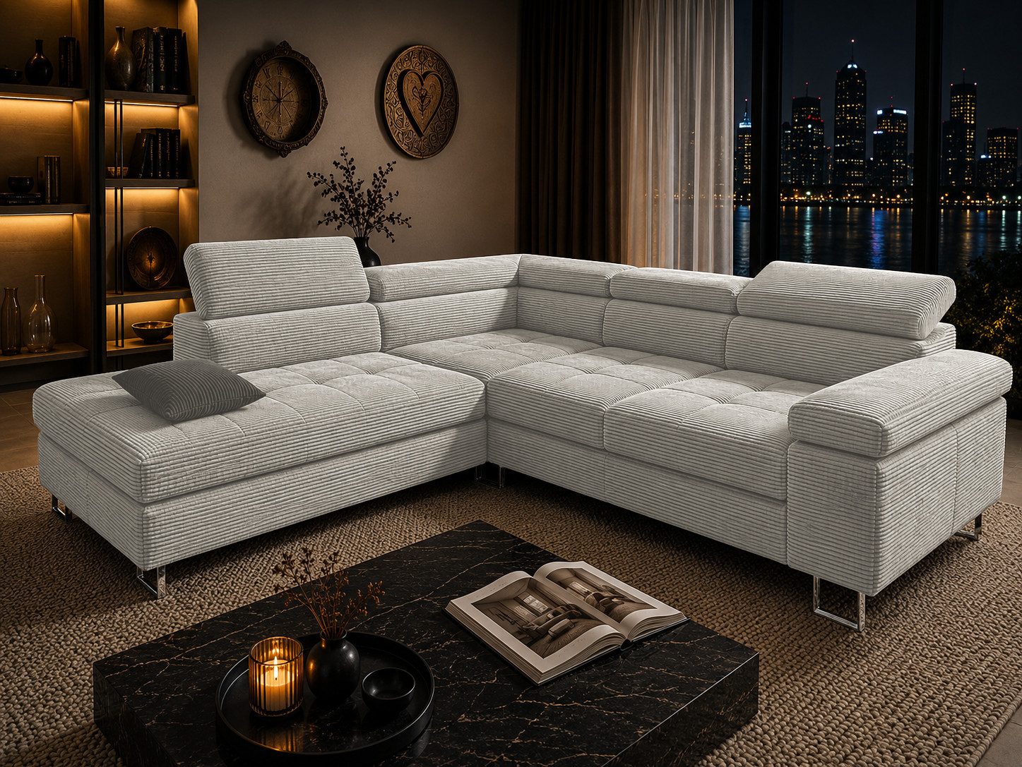 Goldstoff Ecksofa mit Schlaffunktion, Cord Couch für Wohnzimmer - Cord Ecksofa, Cord Sofa VOYAGE 2 Teile, Großer Bettkasten