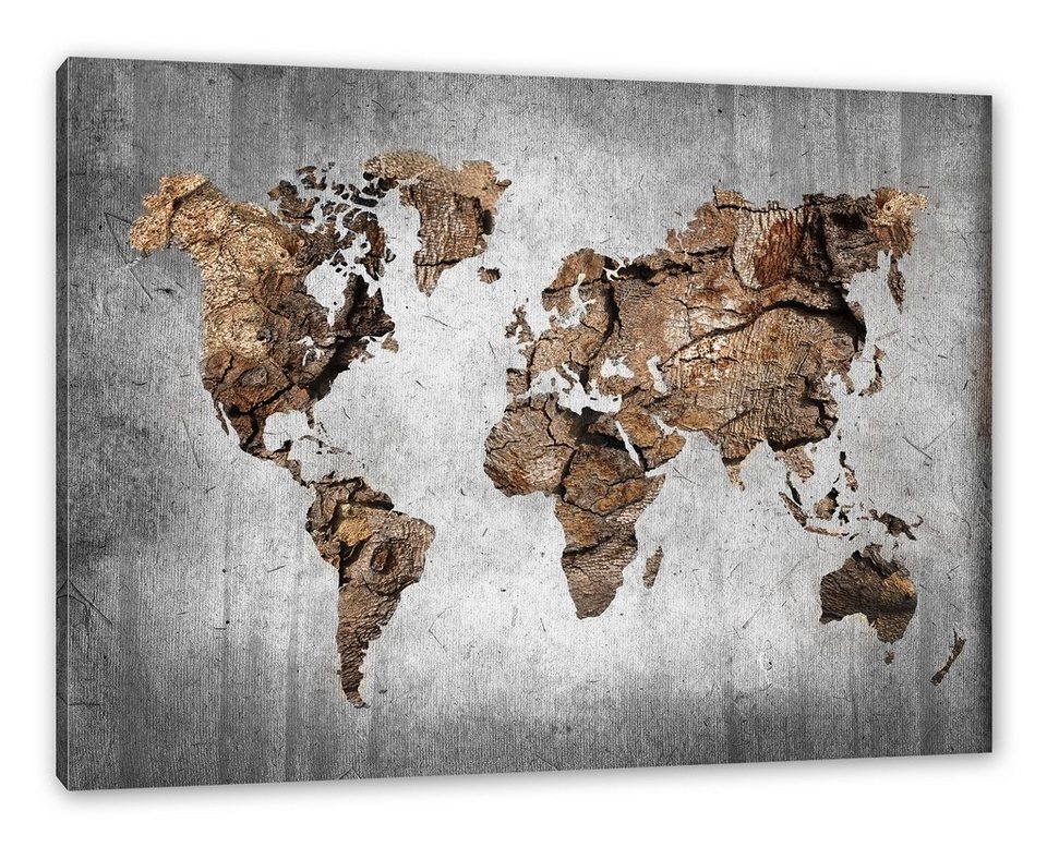 Pixxprint Leinwandbild Weltkarte auf altem fertig B&W St), inkl. Zackenaufhänger altem Detail, auf B&W (1 bespannt, Leinwandbild Weltkarte Holz Detail Holz