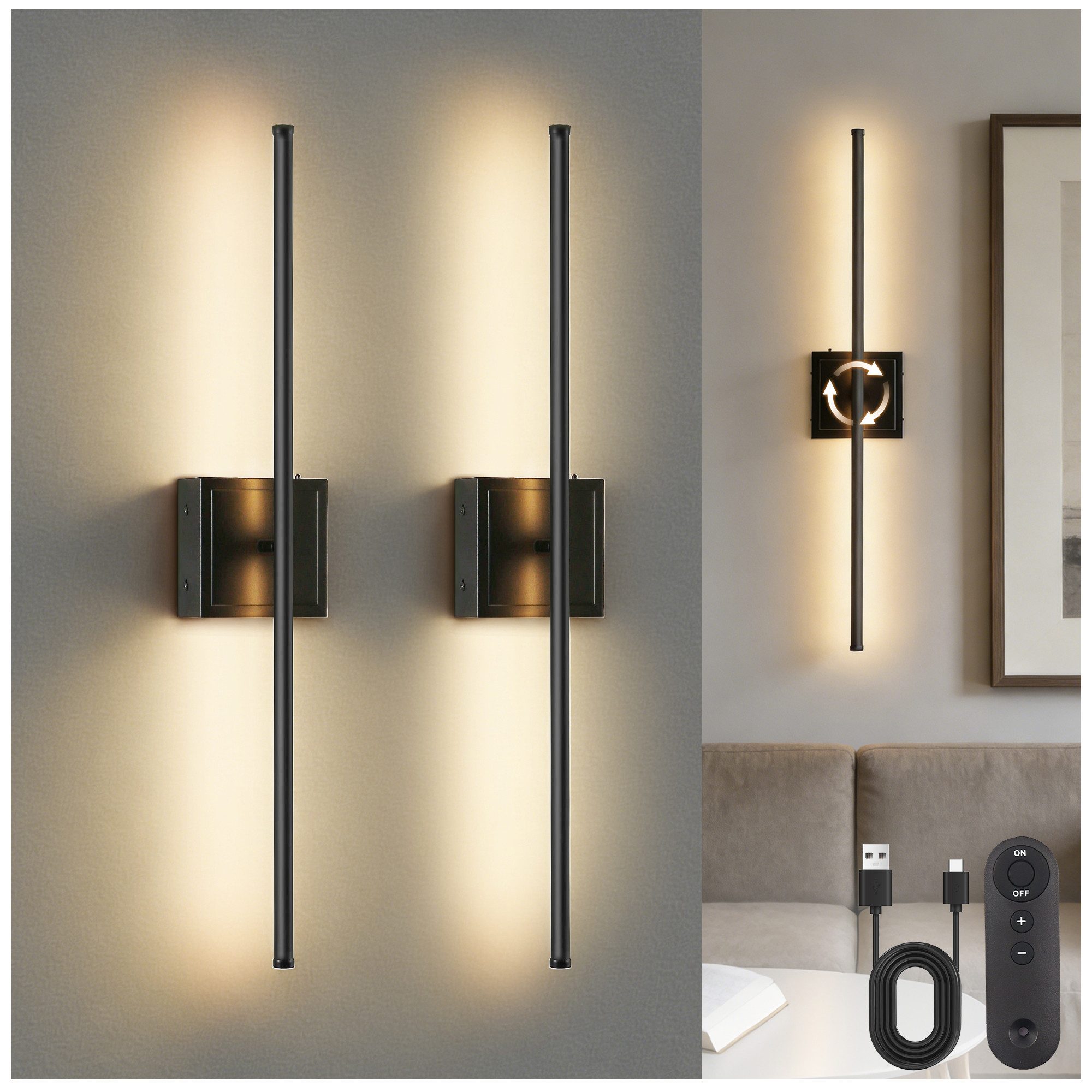 LOHAS-LED LED Wandleuchte Metall-Streifen-Stimmungslicht mit linearem Akku-Betrieb, dimmbar, LED fest integriert, Warmweiß, 2er-Set kabellose LED-Wandlampe mit 6000mAh Akku & IR-Fernbedienung